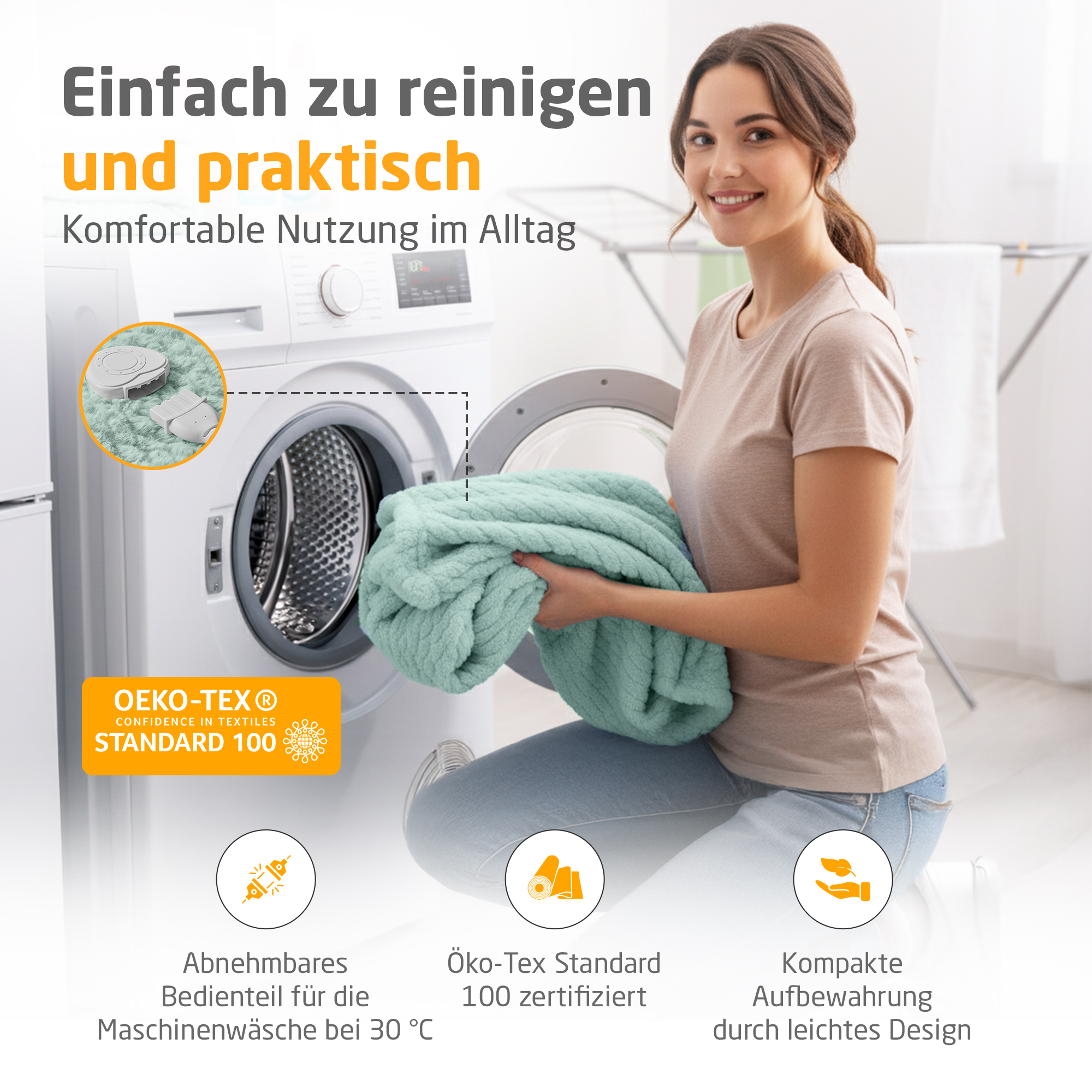 Frau mit Decke in Waschmaschine. Text über einfache Reinigung und Praktikabilität. Mit Symbolen und Produktdetails.