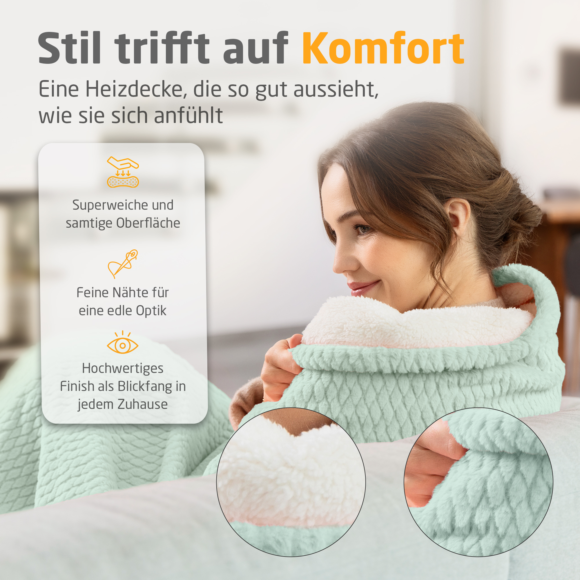 Frau mit Decke. Text: Stil trifft Komfort. Deckenmerkmale: weiche Oberfläche, feine Nähte, hochwertige Verarbeitung.