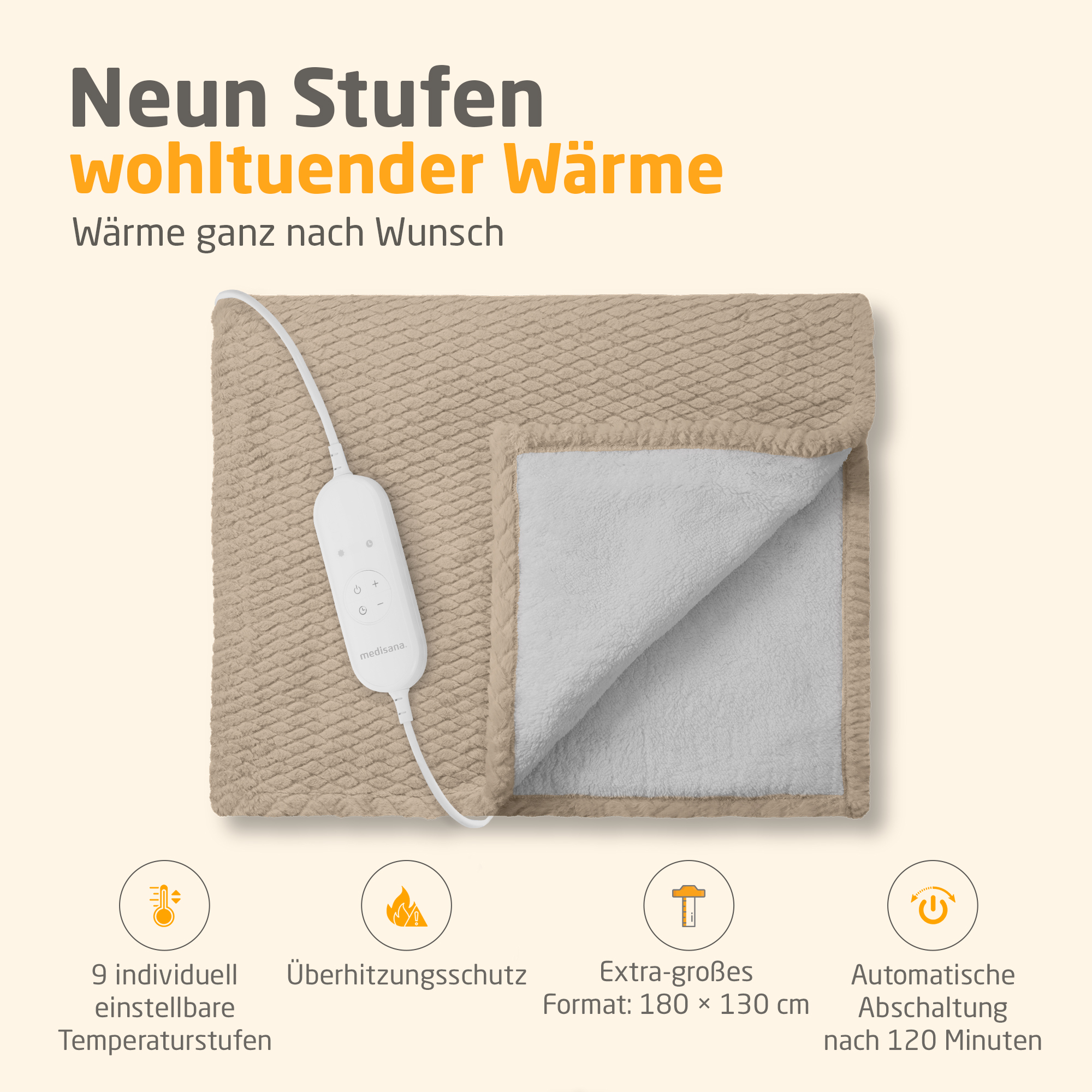 Beige Heizdecke mit weißem Controller. Text auf Deutsch zeigt Funktionen wie Temperatureinstellungen und automatische Abschaltung.
