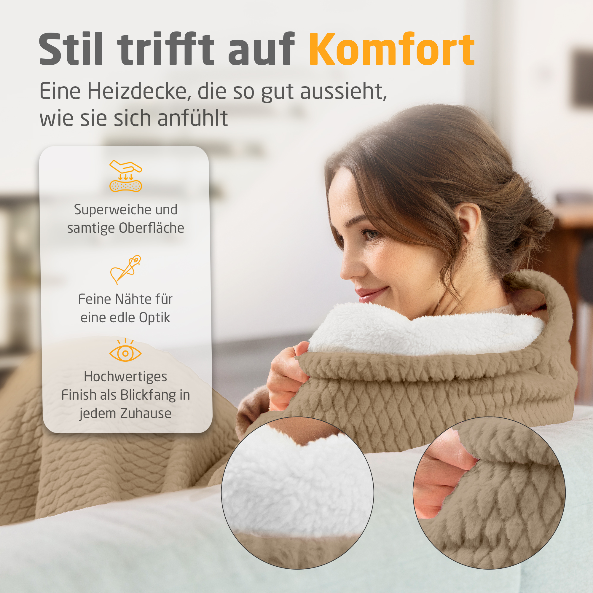 Frau mit Decke. Die Decke ist braun und weiß. Text auf dem Bild auf Deutsch. Drei Nahaufnahmen der Decke.