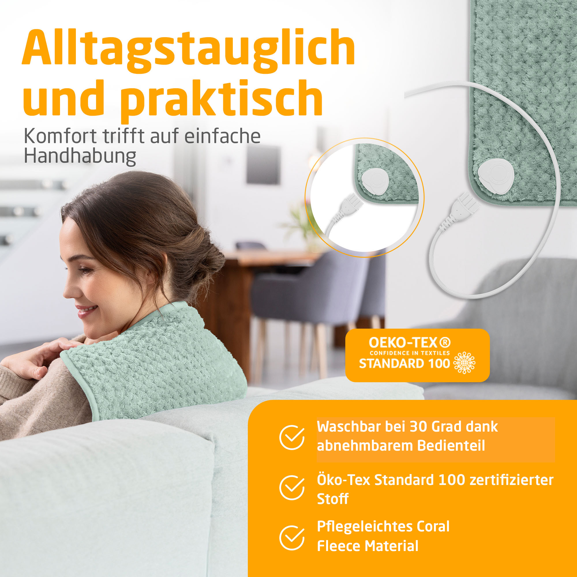 Frau mit grünem Heizkissen. Text: Alltagstauglich und praktisch. Merkmale: waschbar, Öko-Tex Standard, Korallfleece.