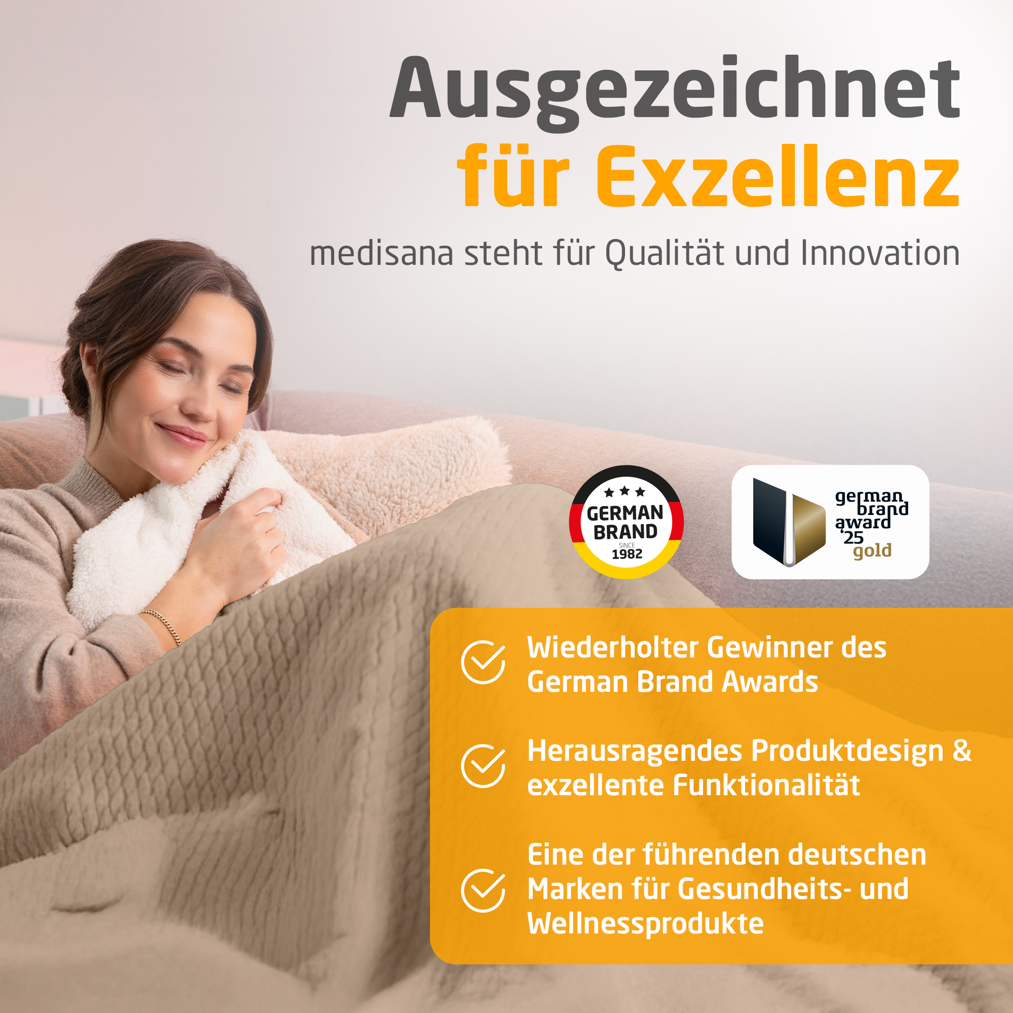 Frau mit geschlossenen Augen, hält ein weißes Objekt auf einer beigen Decke. Text: Ausgezeichnet für Exzellenz, German Brand Award.