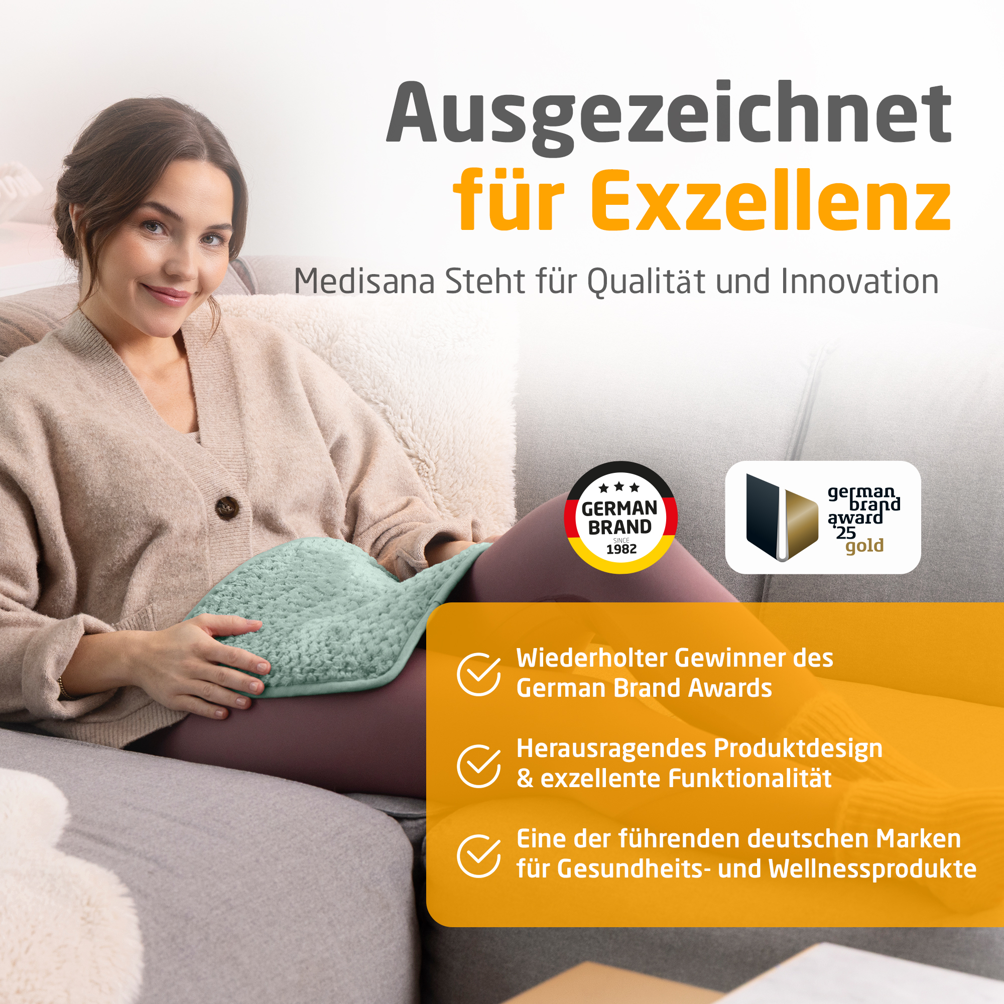 Frau auf Couch mit grünem Pad. Text enthält deutsche Markenauszeichnungen und Produktbeschreibungen.