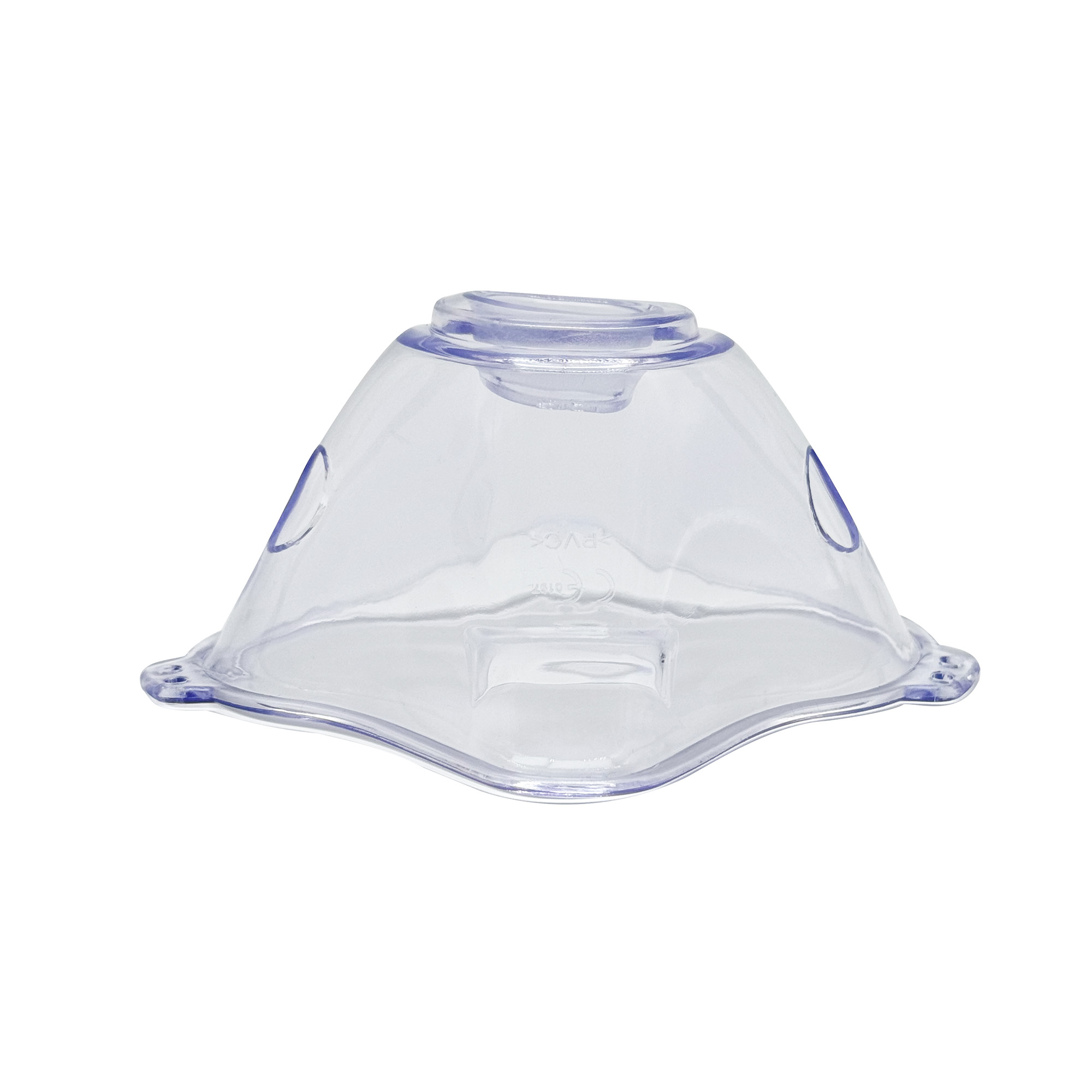 Eine transparente medizinische Gesichtsmaske aus Kunststoff. Sie hat eine abgerundete Basis, eine Kegelform und eine kleine obere Öffnung.