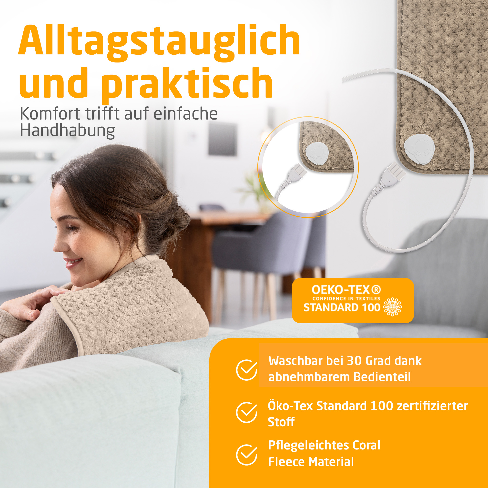 Frau auf einem Sofa mit einer Heizdecke, Details zur Decke und ihren Eigenschaften wie Waschbarkeit und Zertifizierung.