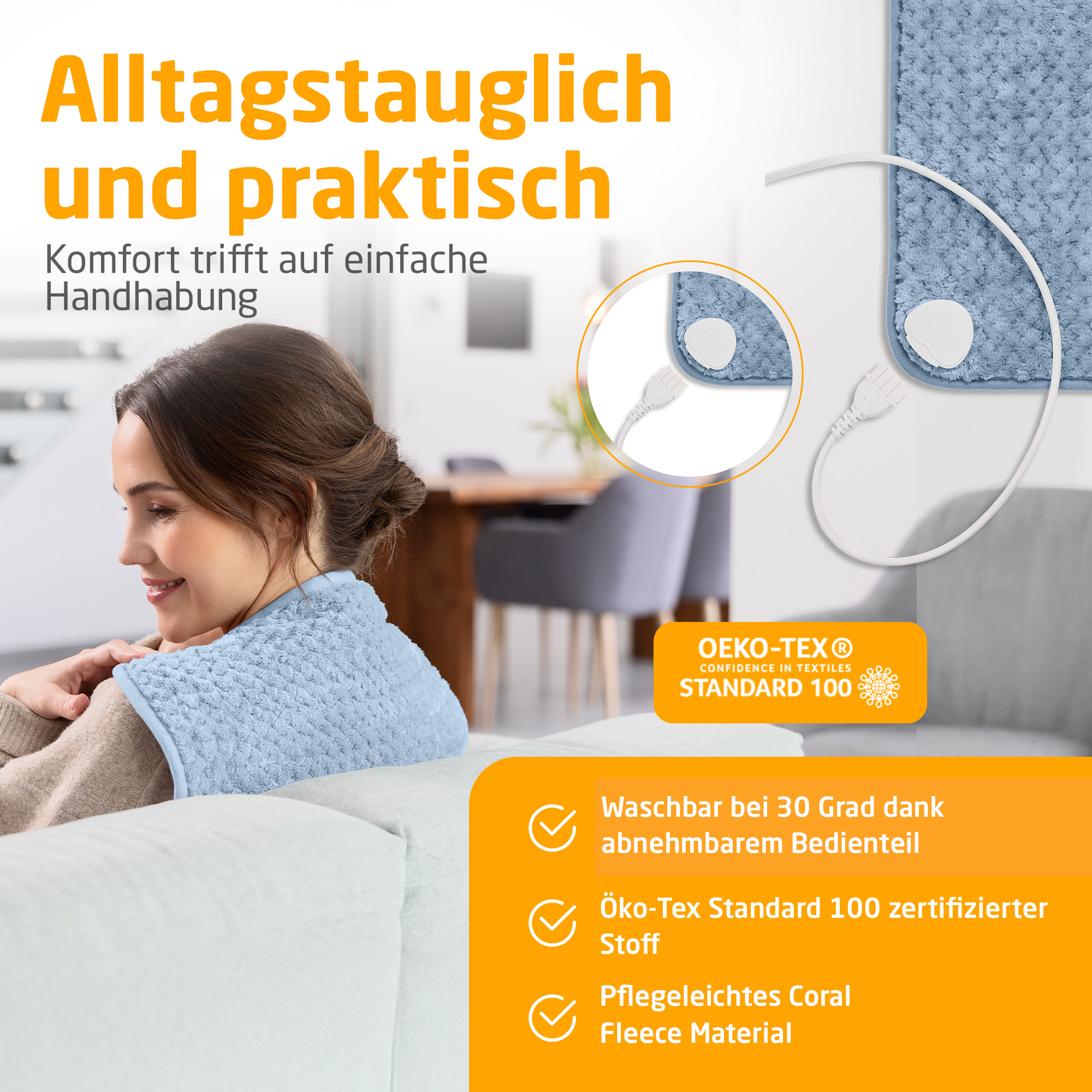 Frau mit blauem Heizkissen auf den Schultern. Text: Alltagstauglich und praktisch, Komfort trifft auf einfache Handhabung.