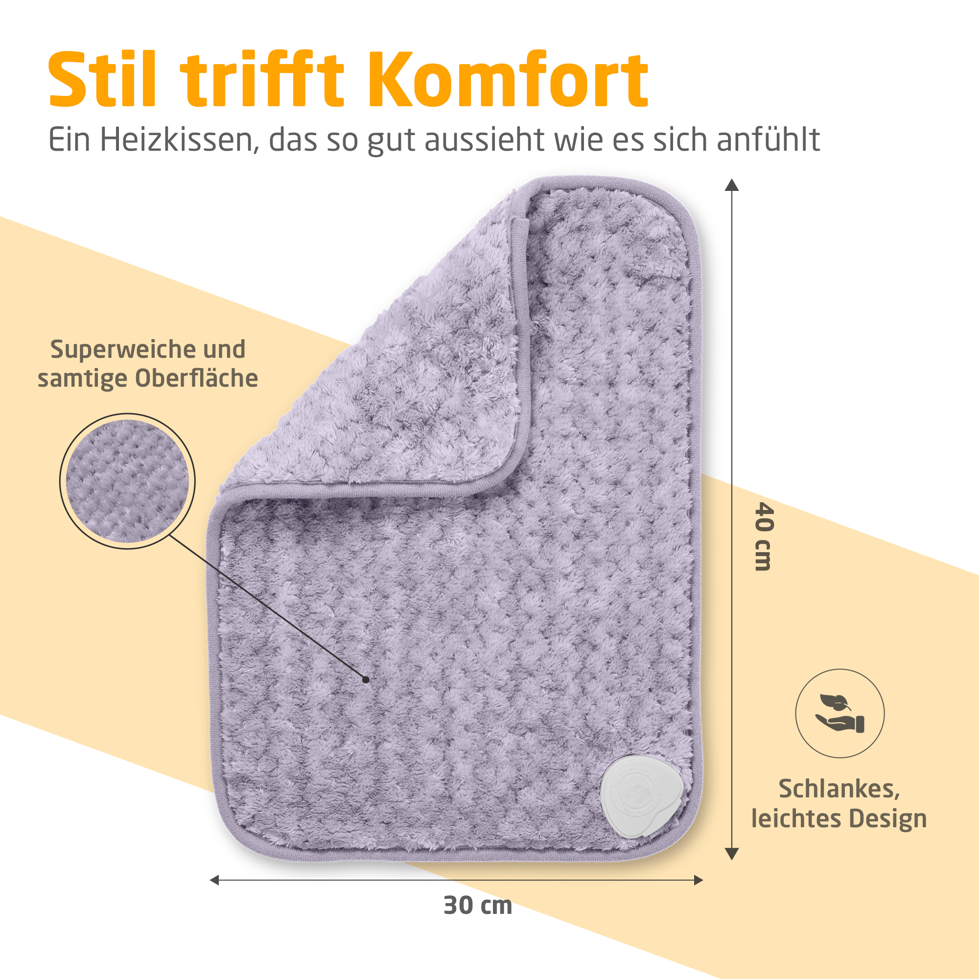 Ein weiches, lavendelfarbenes Heizkissen. Es hat ein abgerundetes Eckendesign und ein weißes Bedienfeld. Der Text beschreibt es.