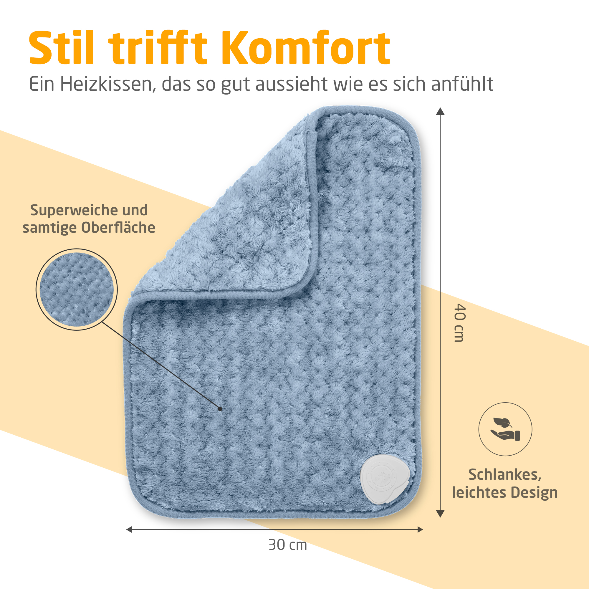 Ein blaues Heizkissen mit weicher Oberfläche. Text: 'Stil trifft Komfort'. Abmessungen 30x40 cm.