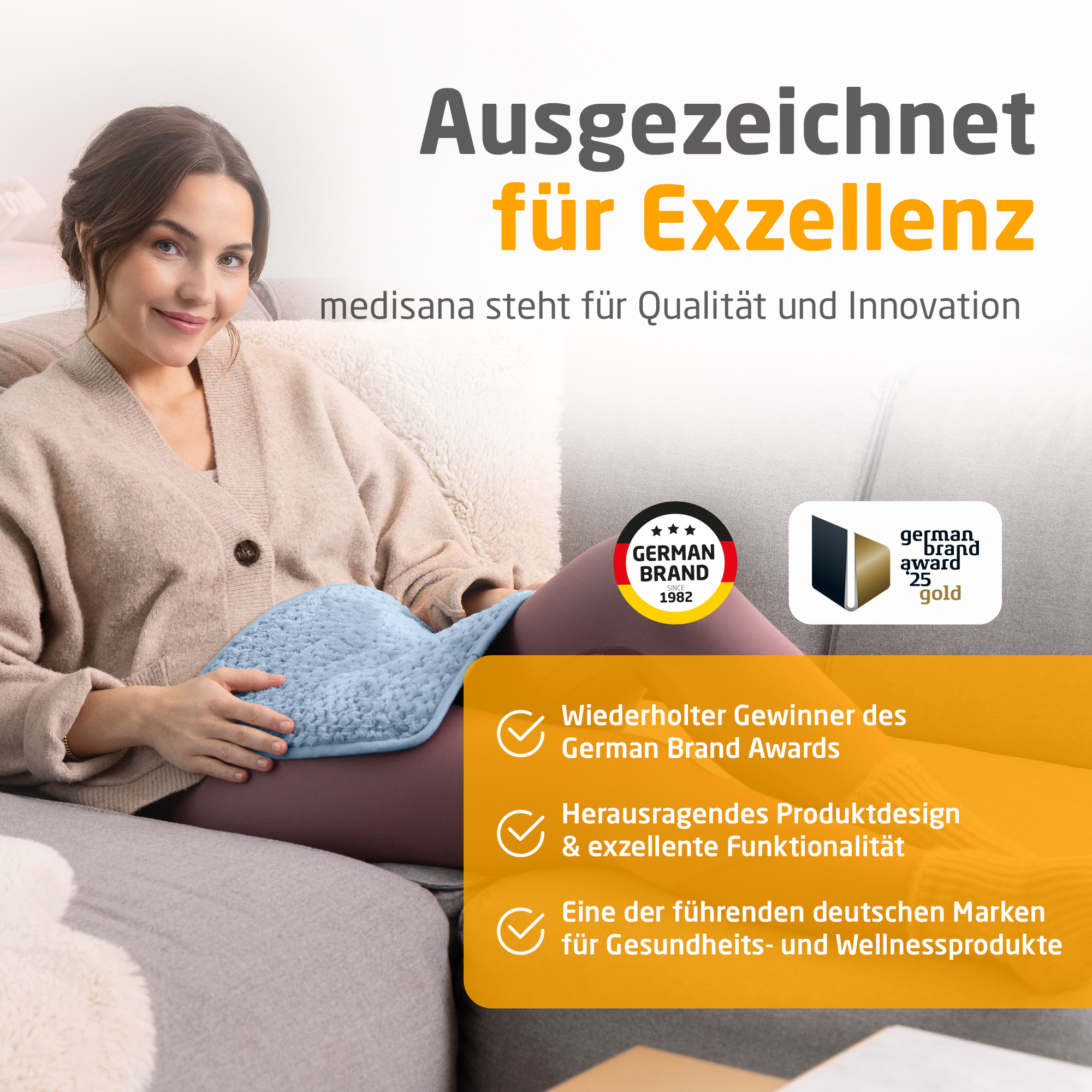 Frau mit Heizkissen, Text: Ausgezeichnet für Exzellenz. Auszeichnungen und Logos für deutsche Marken und Qualität.