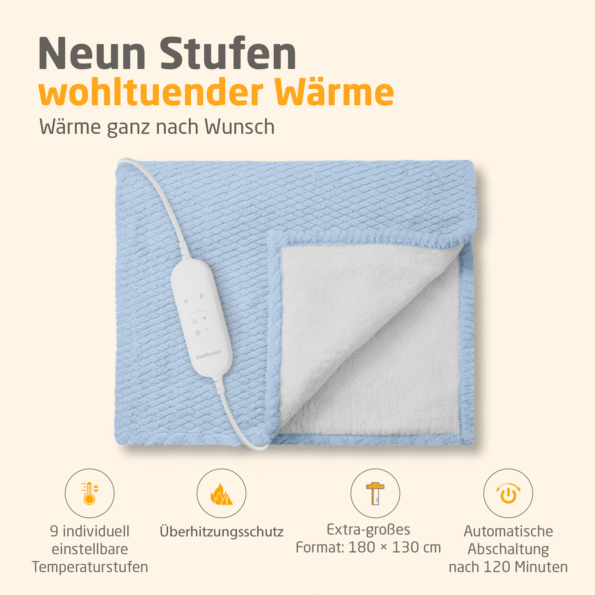 Blaues Heizkissen mit weißer Innenseite und Bedienfeld. Text enthält Produktmerkmale.