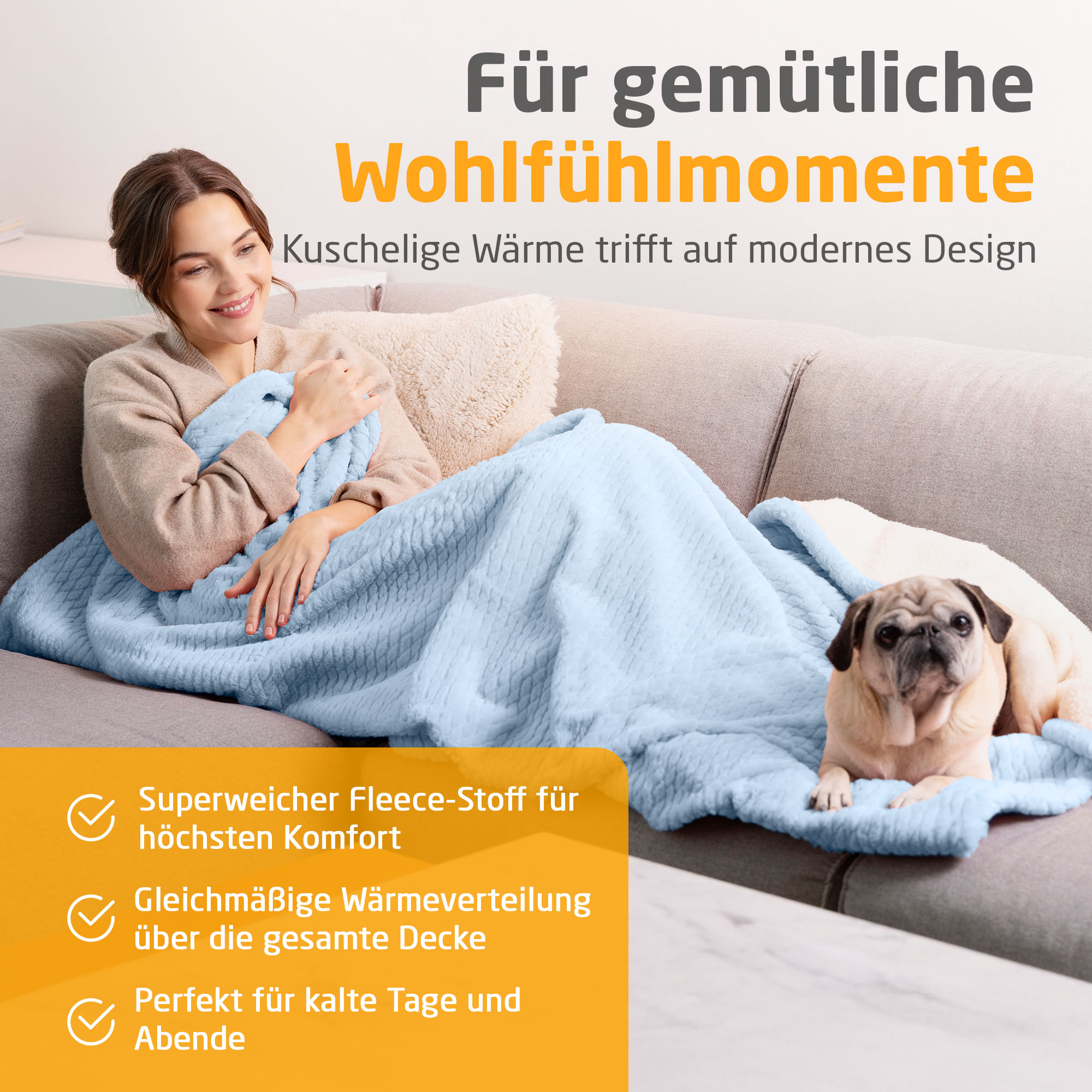Frau mit blauer Decke auf Sofa mit Hund. Text: 'Wohlfühlmomente'.