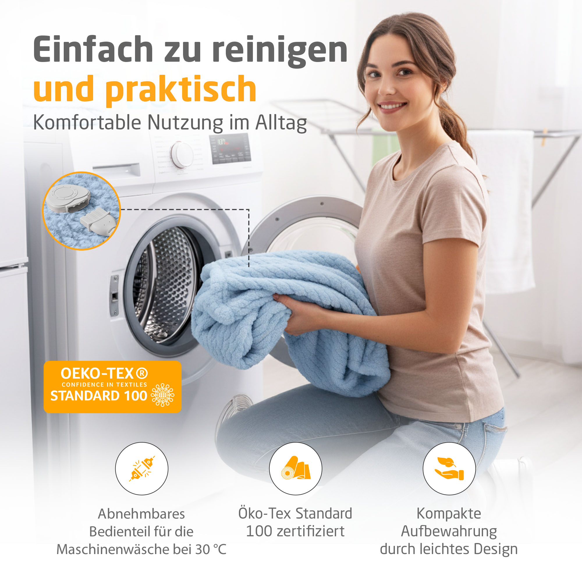 Frau legt blaue Decke in die Waschmaschine. Text: Einfach zu reinigen und praktisch, mit OEKO-TEX Standard 100.