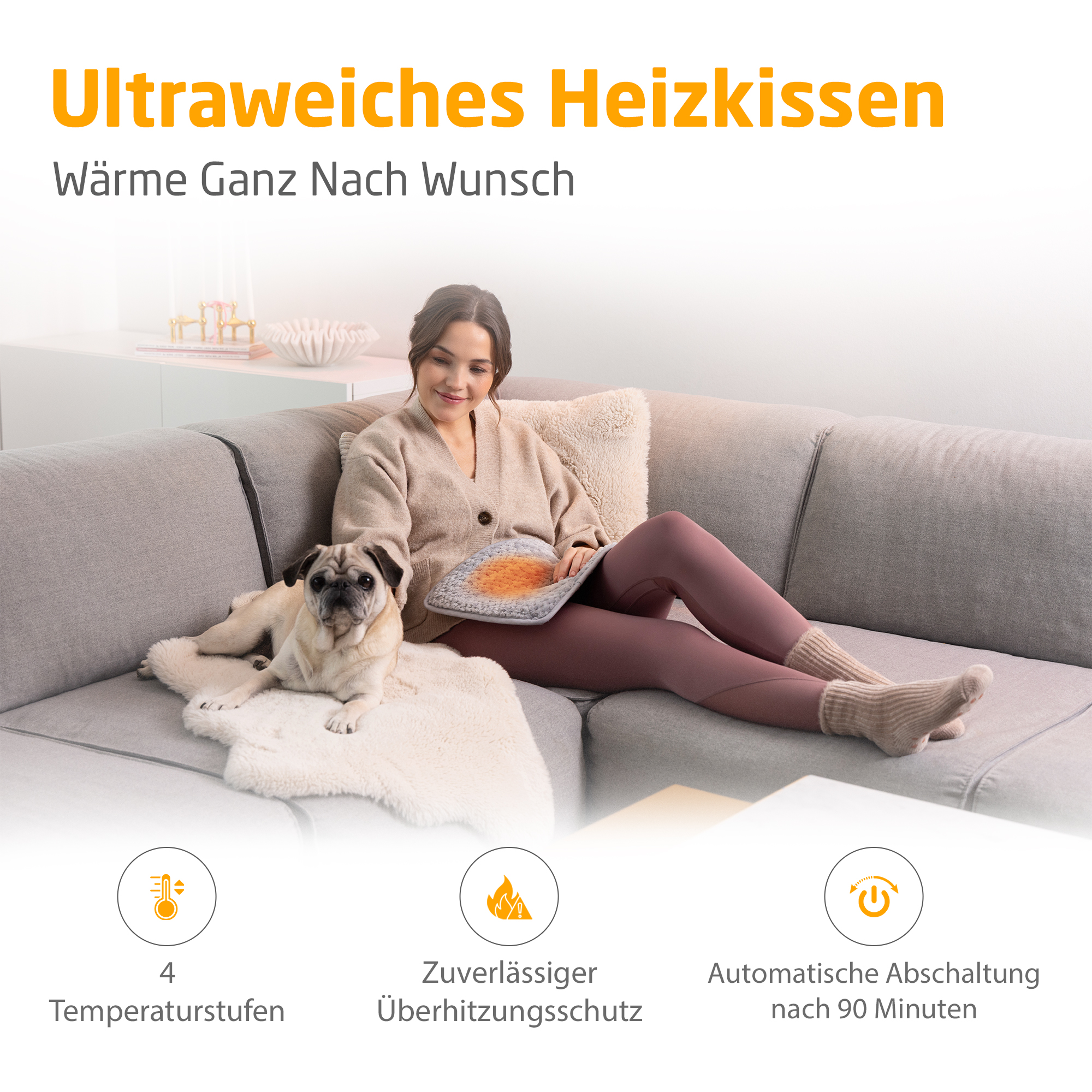 Frau mit Mops auf Couch, hält Heizkissen. Text unten beschreibt Funktionen.