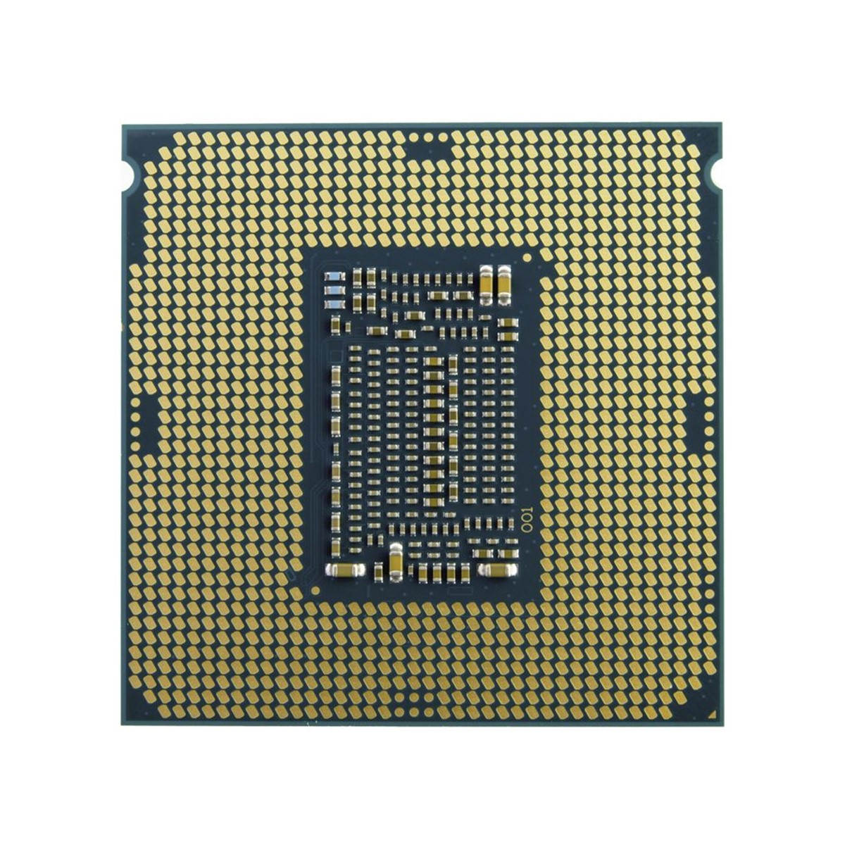 Nahaufnahme einer CPU. Sie hat viele goldfarbene Pins auf einer grünen quadratischen Basis. Die Mitte hat ein anderes Pin-Muster.