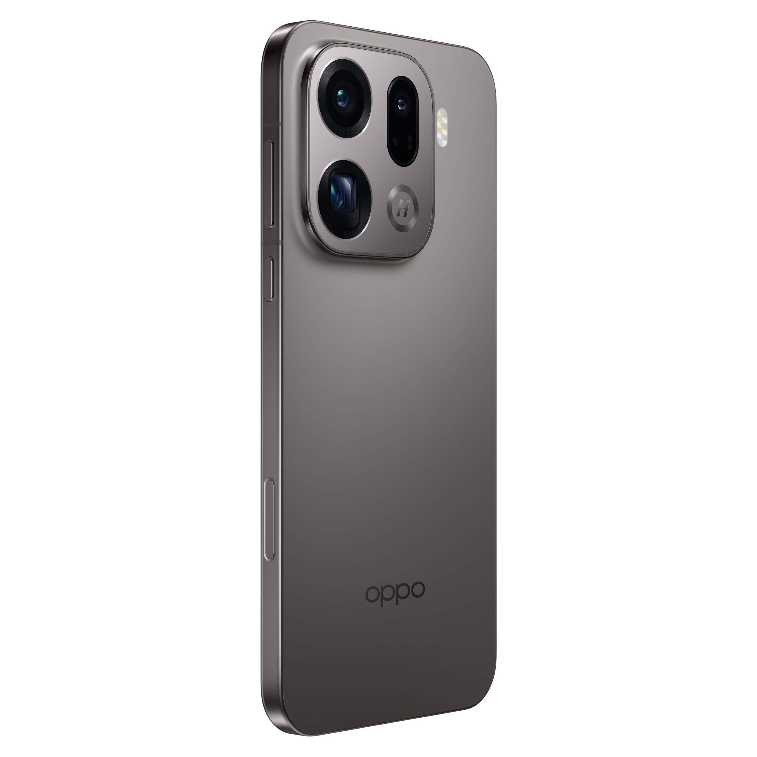 Un smartphone Oppo gris avec plusieurs lentilles de caméra et un flash. Le téléphone porte le logo Oppo au dos.