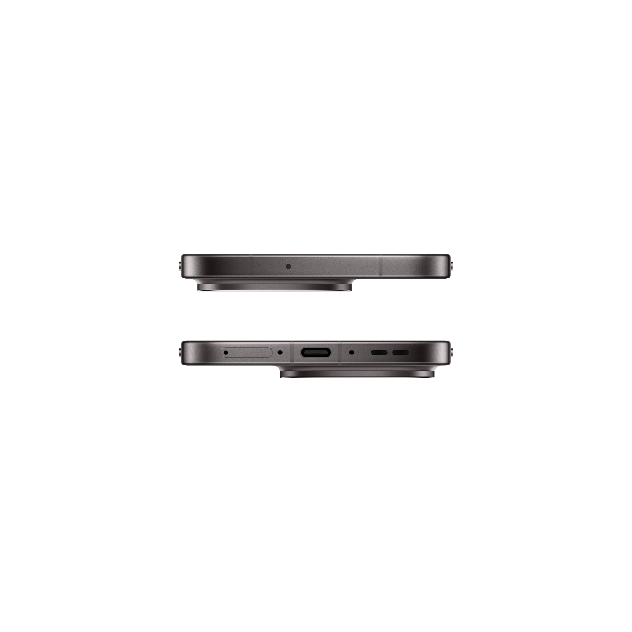 Deux sections d'un smartphone gris foncé, montrant des vues latérales. L'une montre l'appareil photo, l'autre le port de charge.