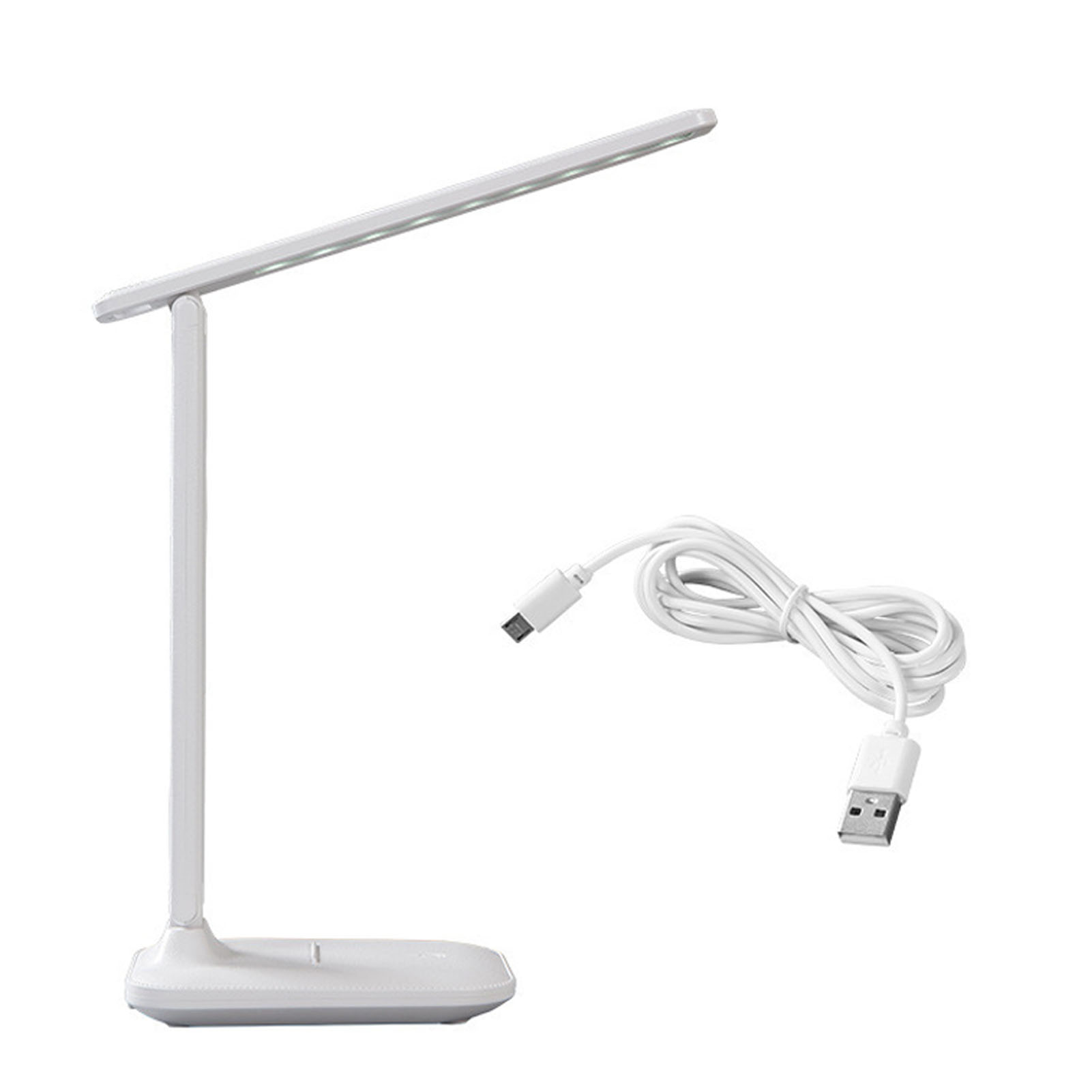 Eine weiße LED-Schreibtischlampe mit rechteckigem Licht, Ständer und USB-Kabel.