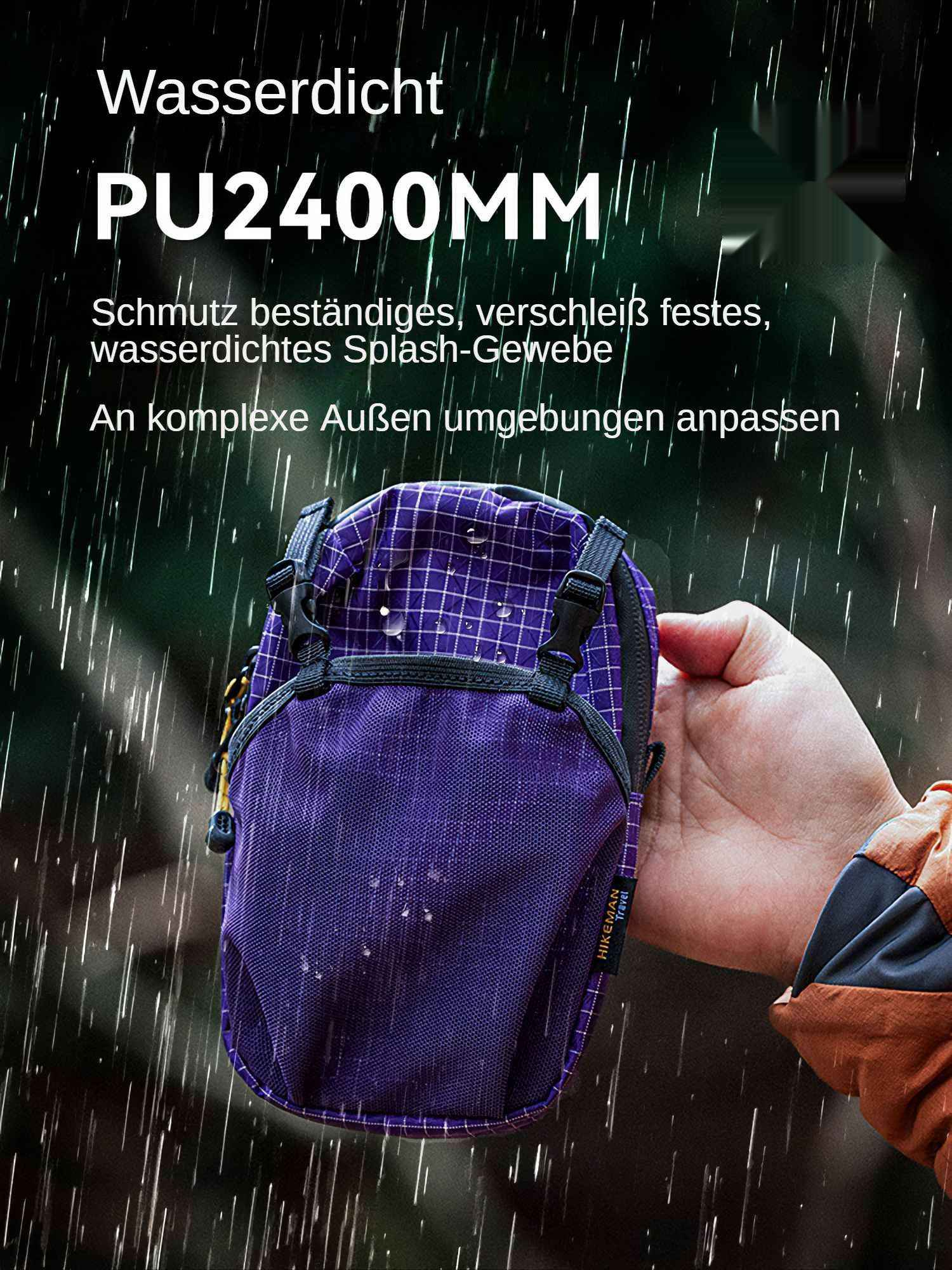 Eine Hand hält eine lila Tasche im Regen. Die Tasche hat weiße Quadrate. Text auf Deutsch sagt wasserdicht und PU2400MM.