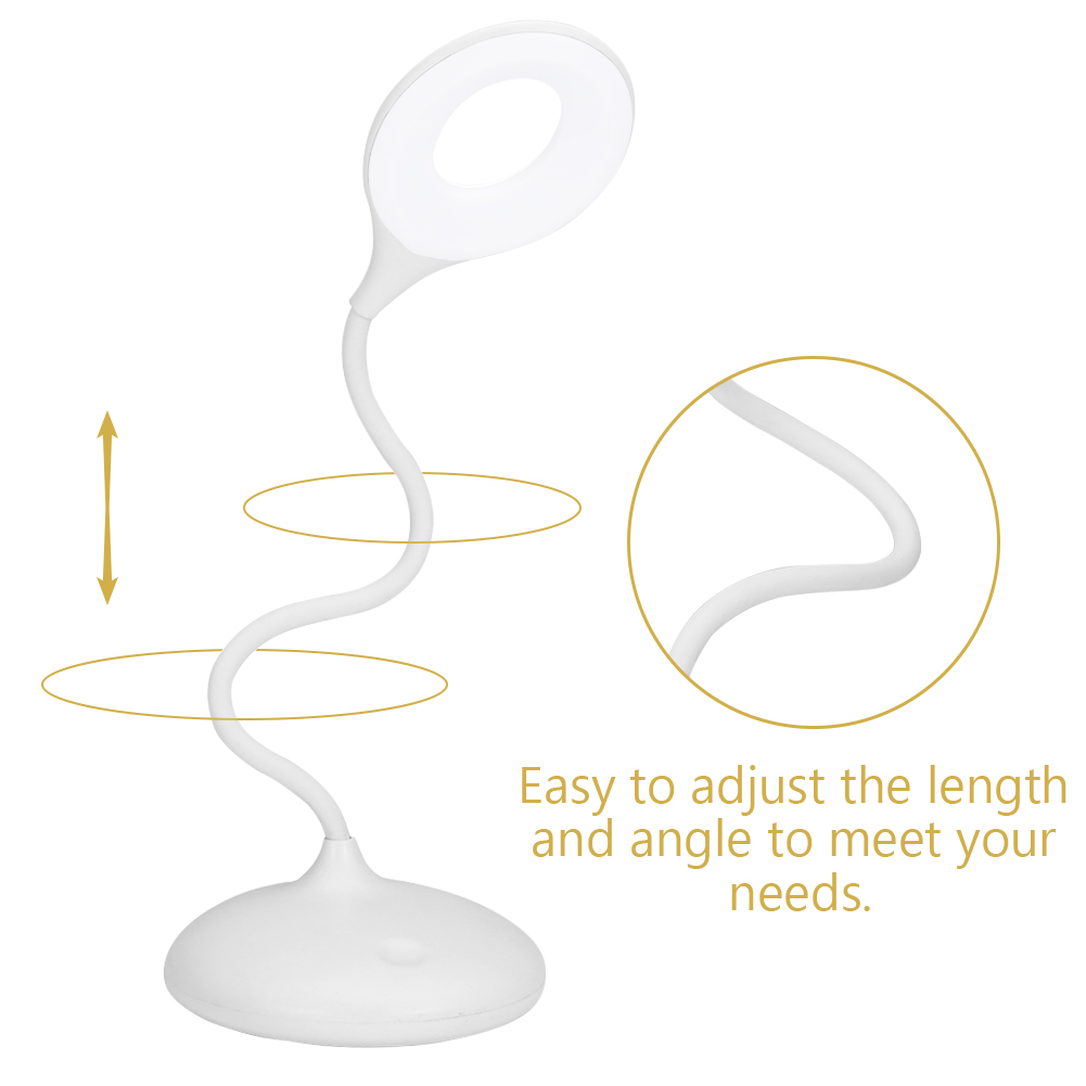 Eine weiße LED-Schreibtischlampe mit verstellbarem Hals. Sie hat einen runden Fuß und einen kreisförmigen Leuchtkopf. Text: Einfach einzustellen.
