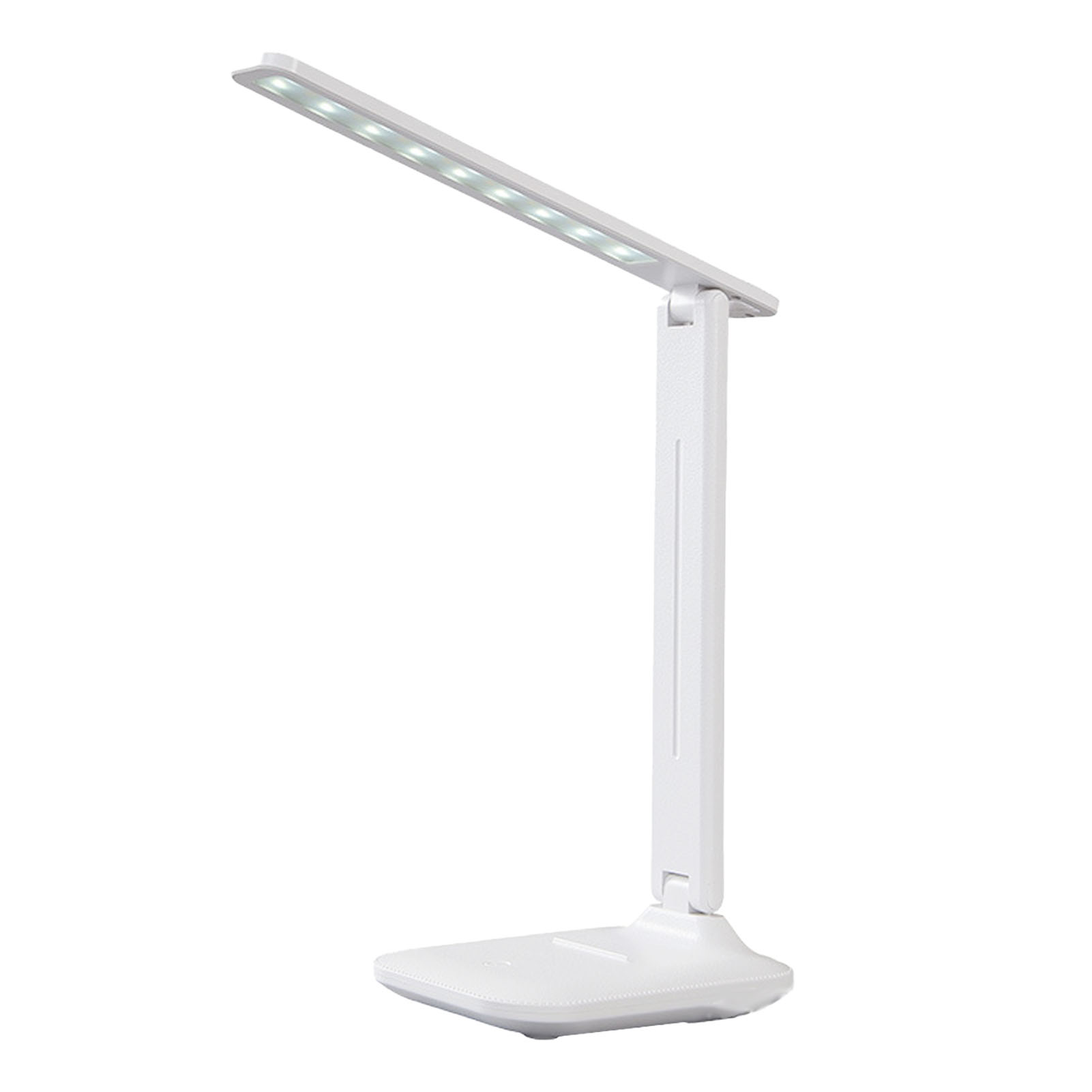 Eine weiße Schreibtischlampe mit rechteckigem Kopf, verstellbarem Arm und quadratischem Sockel, alles vor weißem Hintergrund.