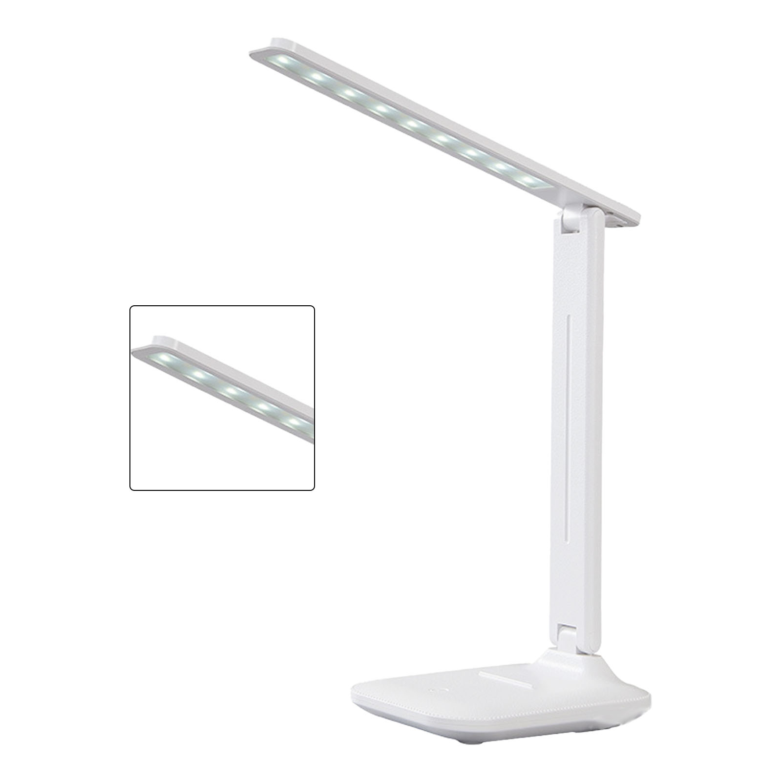 Weiße Schreibtischlampe mit LED-Lichtern. Rechteckiger Sockel, vertikaler Arm und verstellbares Lichtpanel. Ein kleinerer Ausschnitt zeigt die Lichter.
