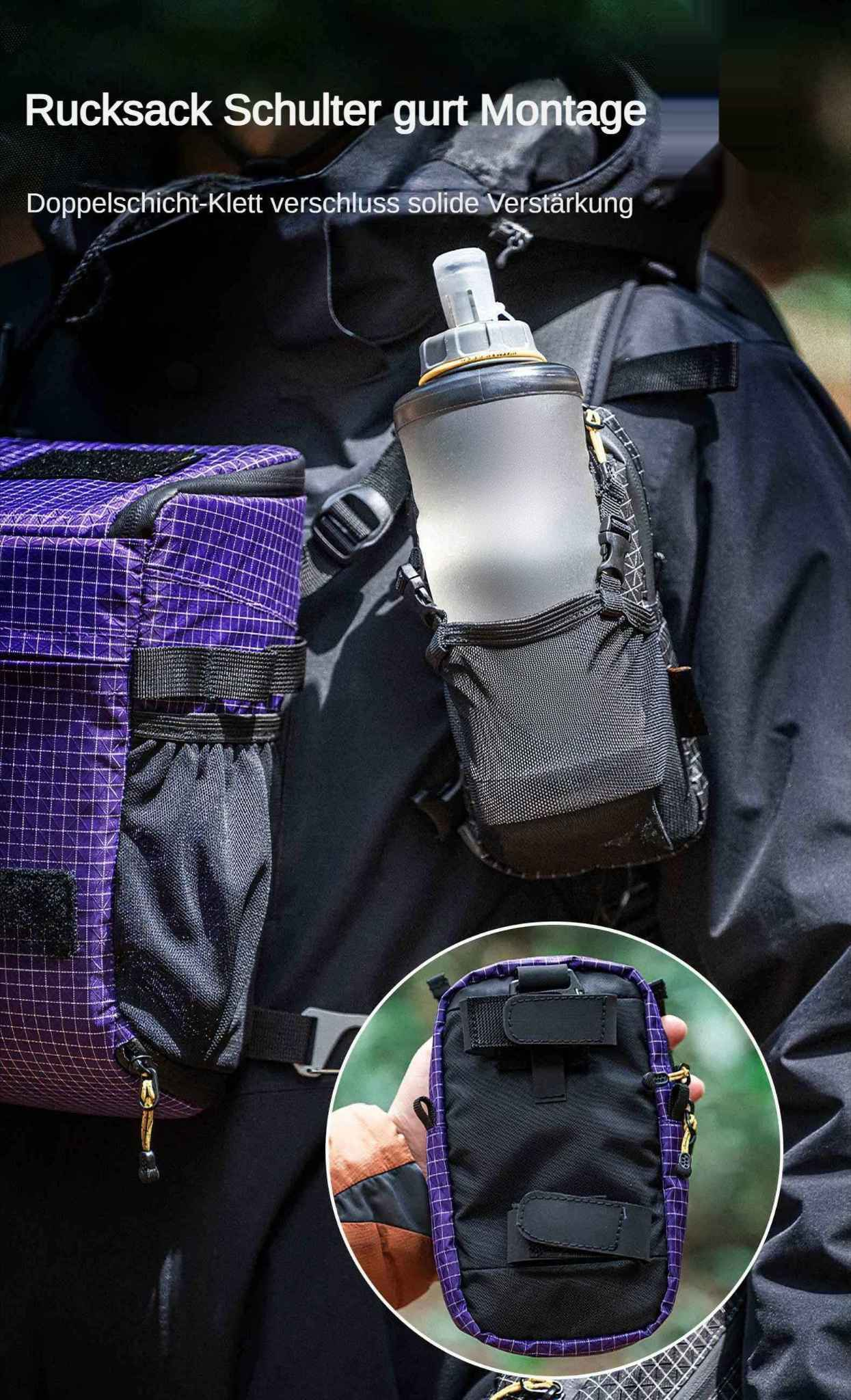 Eine Person trägt eine schwarze Jacke mit einem Rucksack. Eine Wasserflasche ist am Schultergurt befestigt. Eine kleine Tasche ist in der Hand.