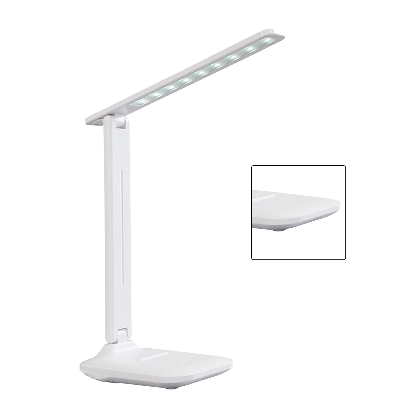 Weiße Schreibtischlampe mit verstellbarem Arm und Fuß, im Inset eine Nahaufnahme der Lampenkante.