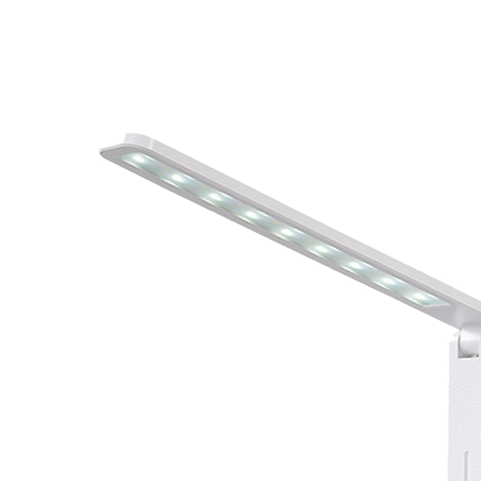 Eine weiße LED-Schreibtischlampe ist abgewinkelt. Die Lampe hat einen rechteckigen Kopf mit mehreren kleinen Lichtern. Weißer Hintergrund.