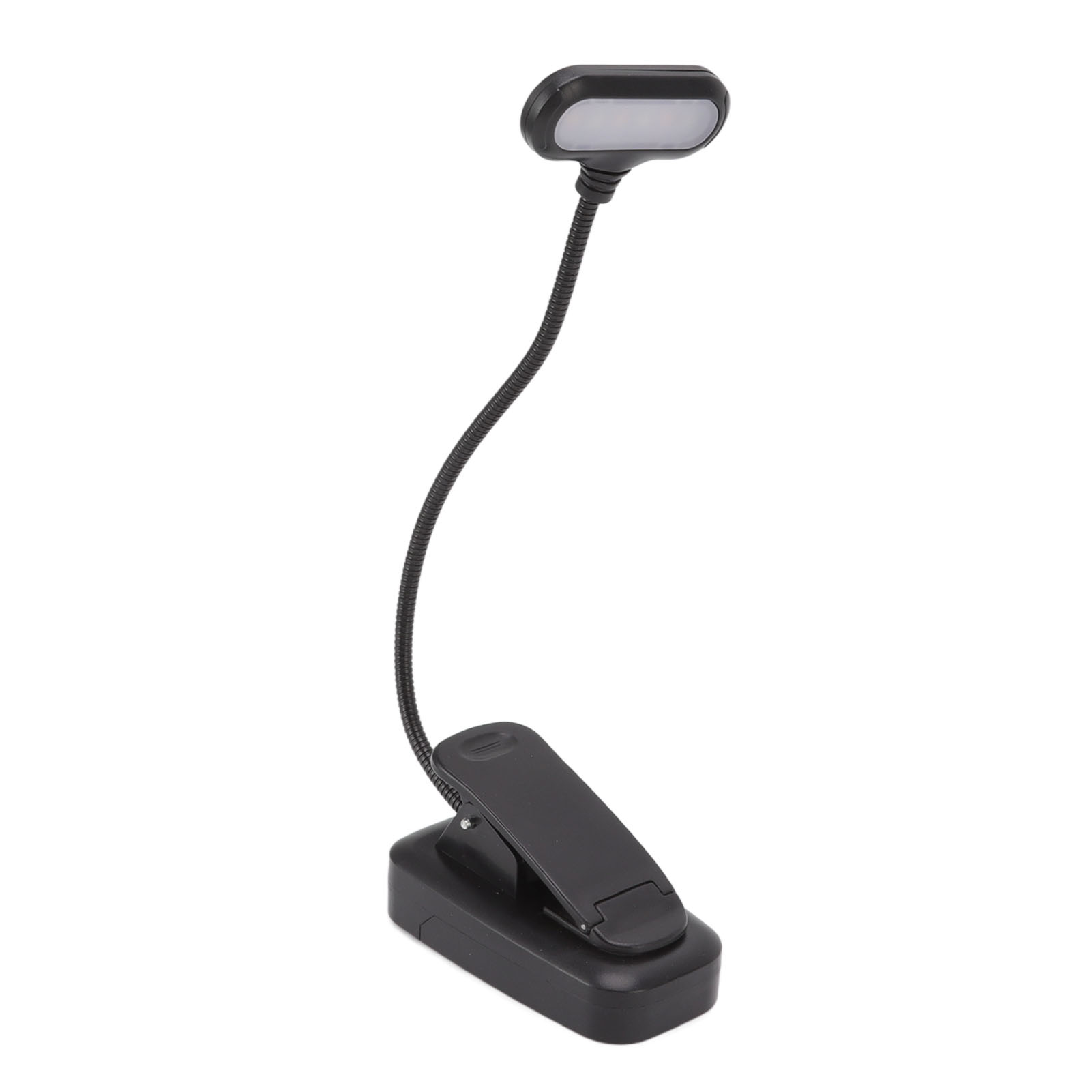 Eine schwarze LED-Leselampe zum Anklemmen. Sie hat einen flexiblen Hals und einen rechteckigen Leuchtkopf.