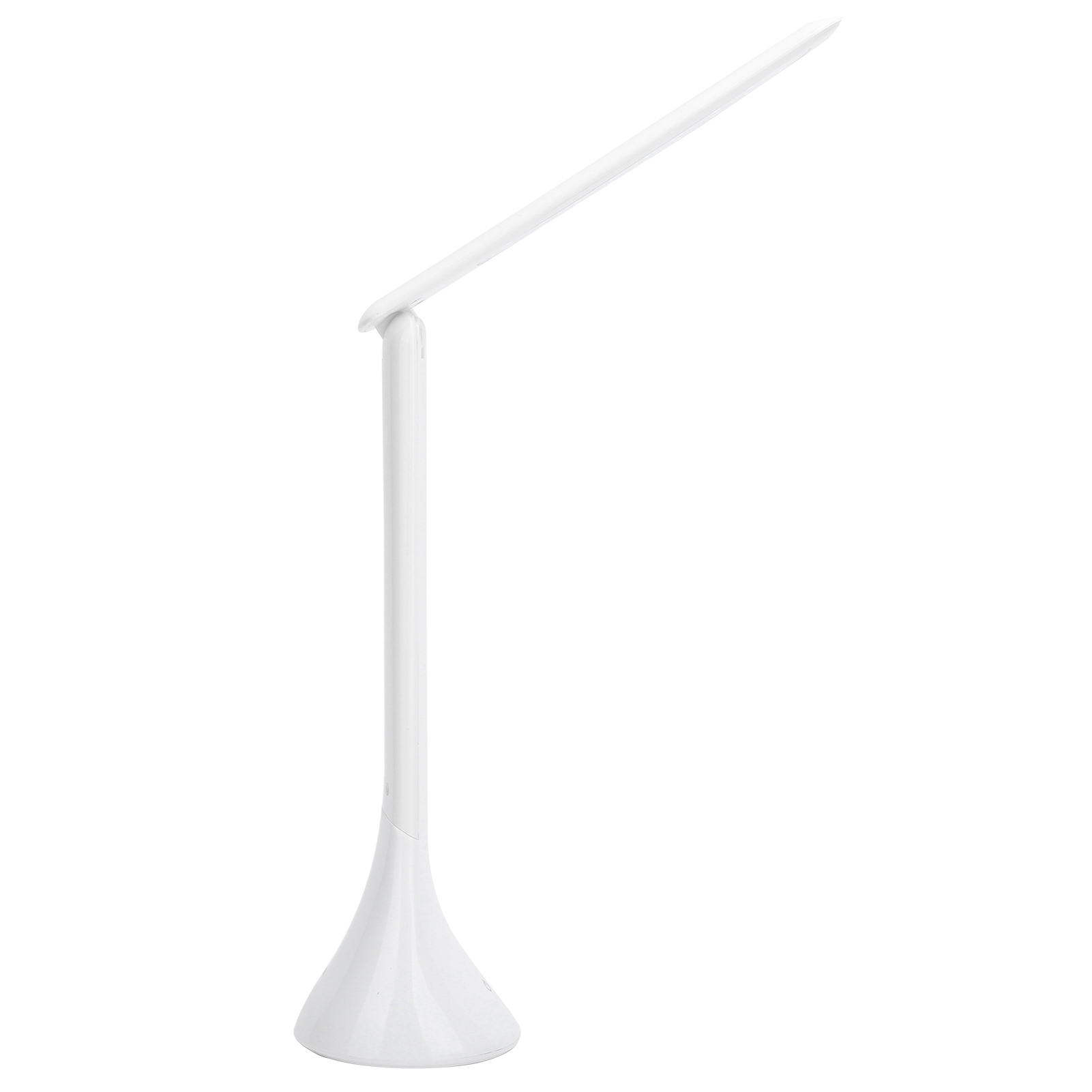 Eine weiße Schreibtischlampe mit abgewinkeltem, flachem Licht. Sie hat einen kegelförmigen Fuß und einen geraden Schaft.