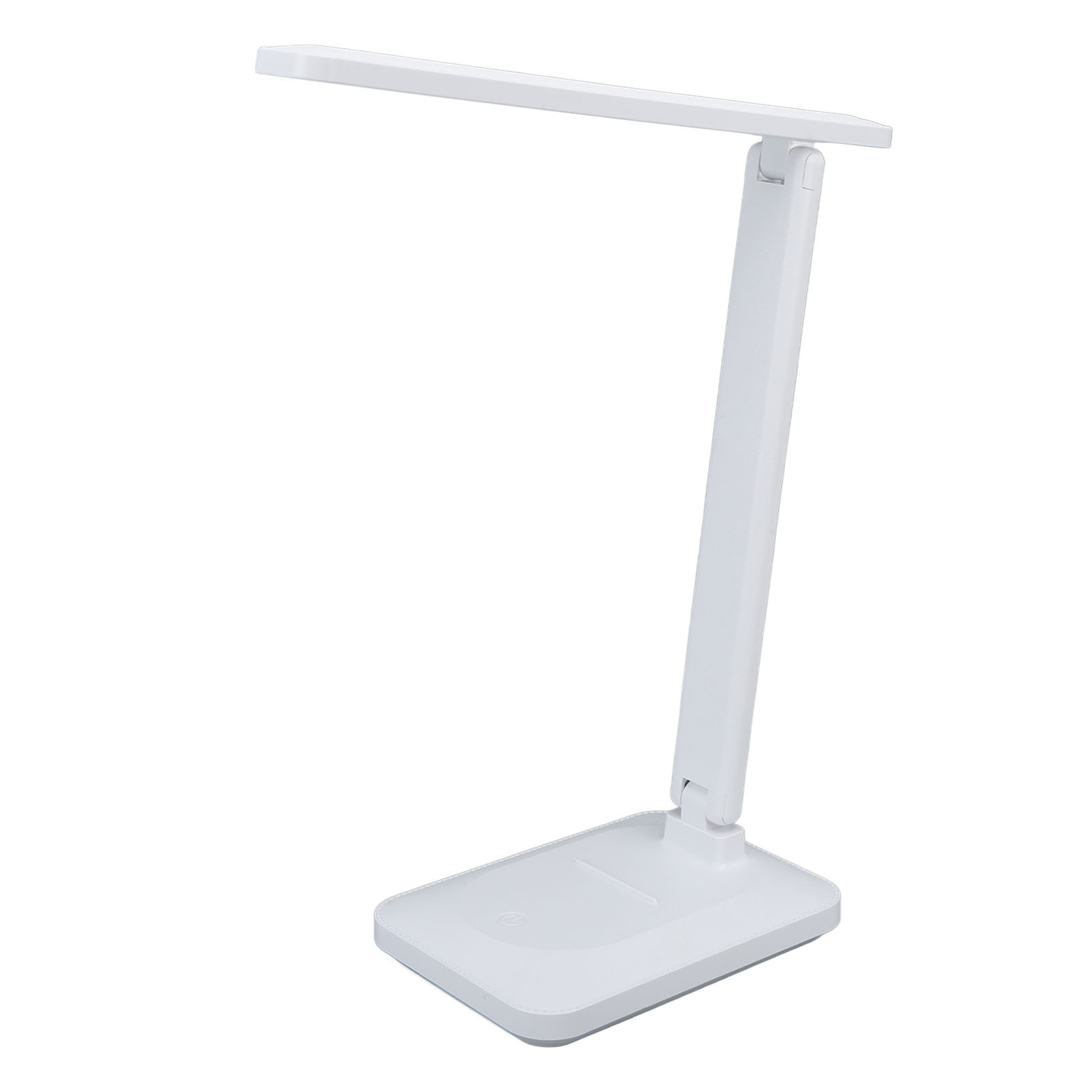 Eine weiße LED-Schreibtischlampe auf weißem Hintergrund. Sie hat einen verstellbaren Arm und einen rechteckigen Fuß.