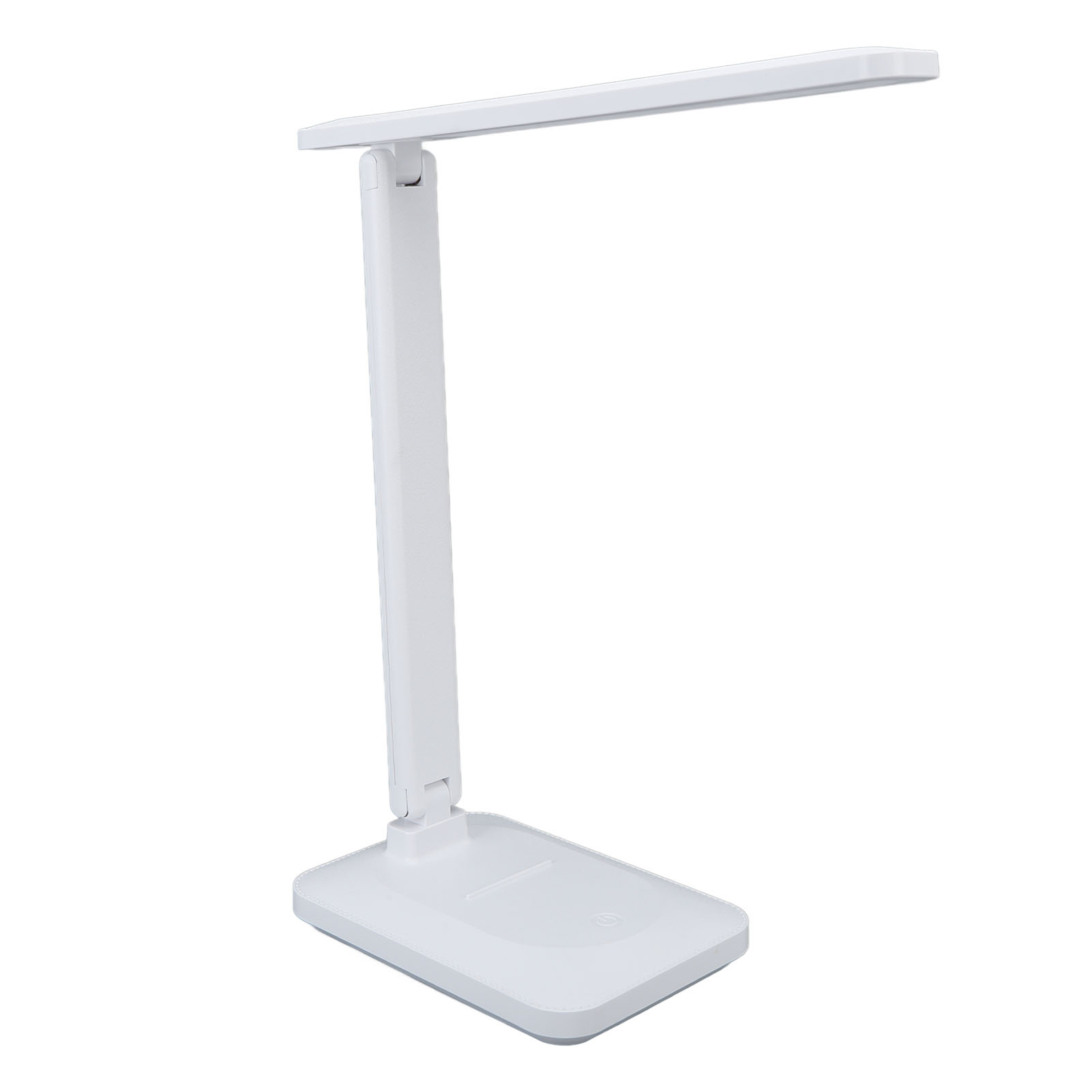 Weiße Schreibtischlampe mit verstellbarem Arm und rechteckiger Basis. Isoliert auf weißem Hintergrund.
