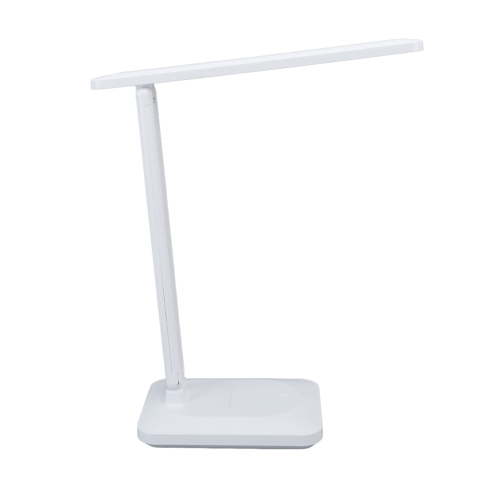 Eine weiße Schreibtischlampe ist vor weißem Hintergrund isoliert. Sie hat einen rechteckigen Fuß, einen vertikalen Arm und ein horizontales Licht.