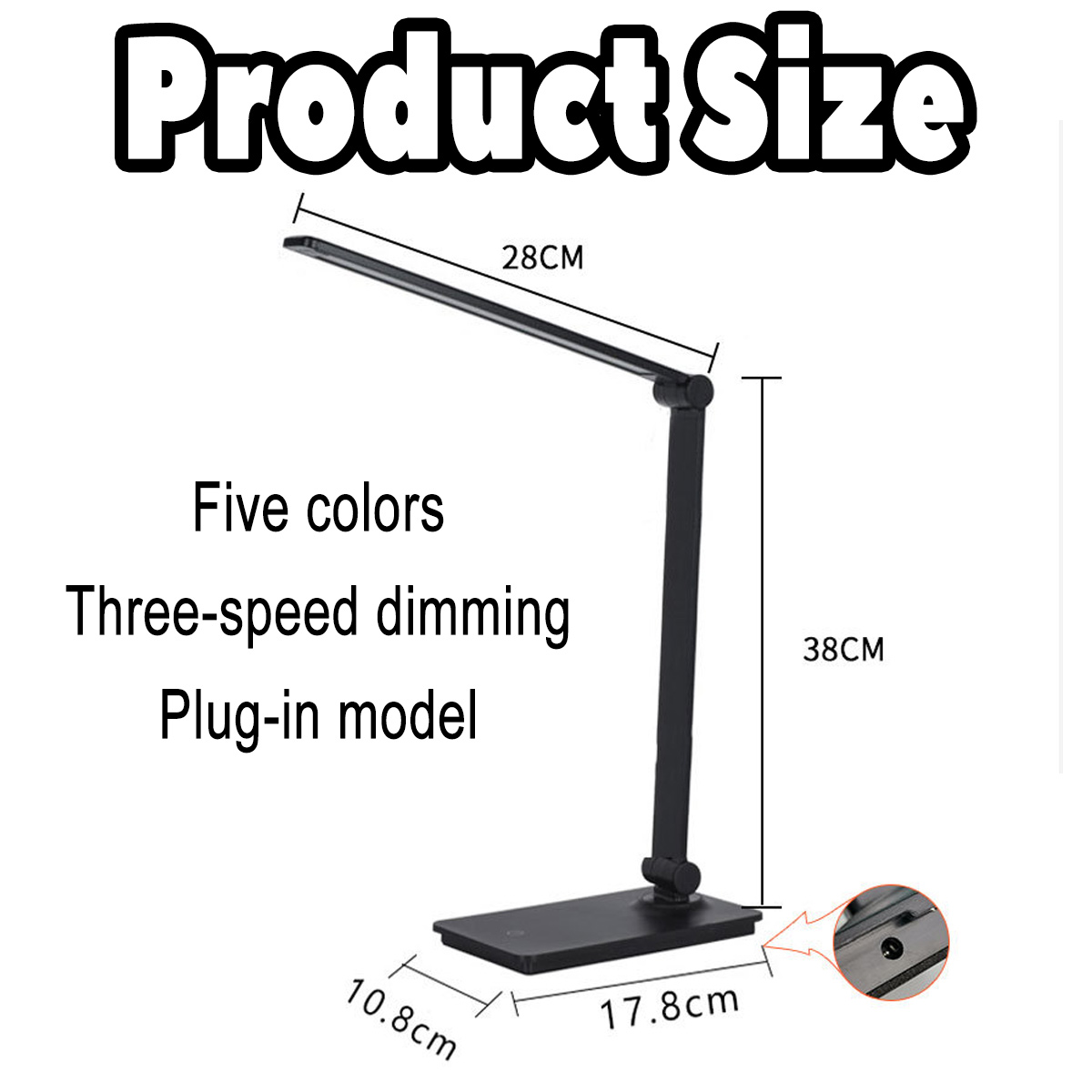Eine schwarze Schreibtischlampe mit Maßangaben. Text zeigt fünf Farben, dreistufige Dimmung und Plug-in-Modell. Die Produktgröße wird gezeigt.