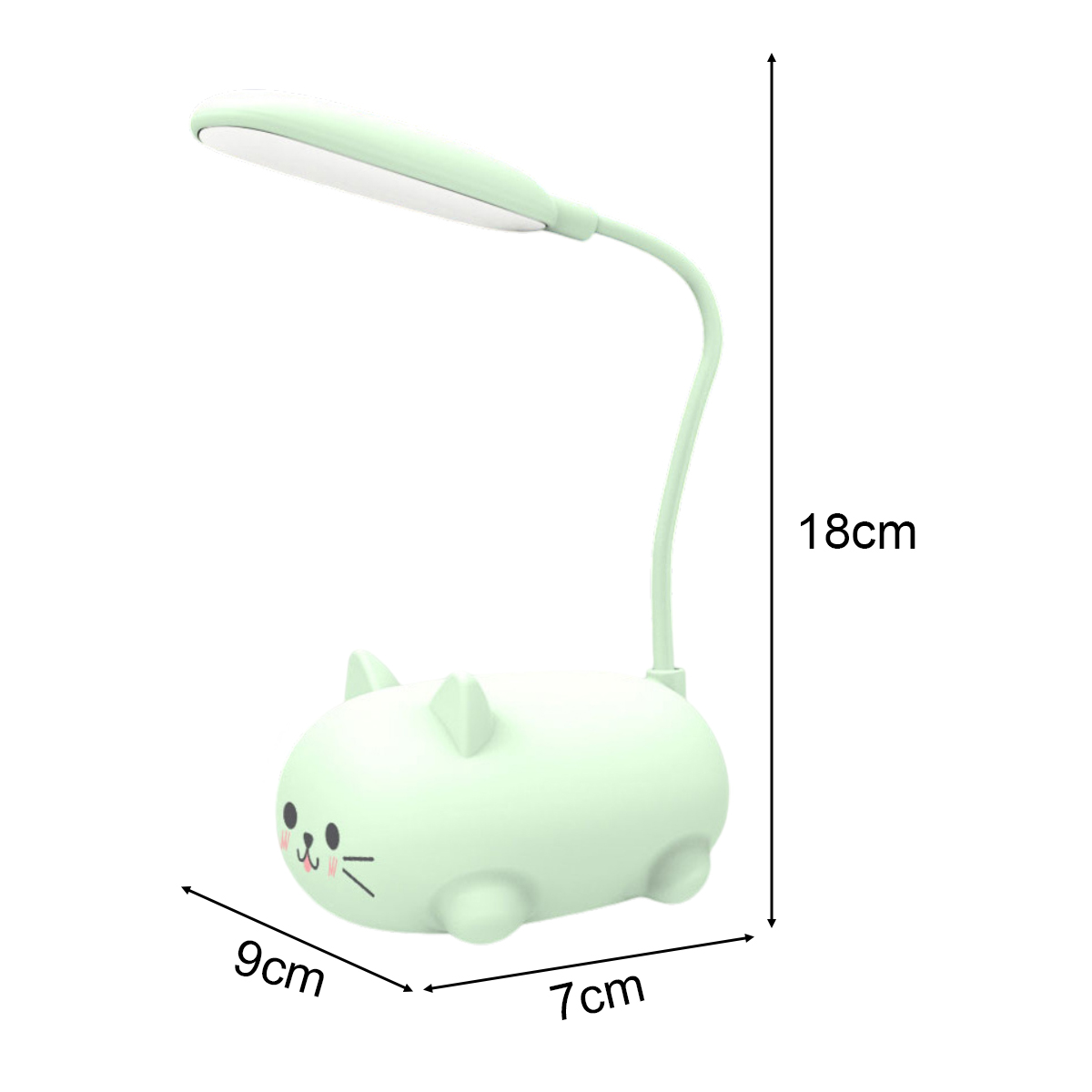 Eine mintgrüne, katzenförmige Schreibtischlampe. Sie ist 18 cm hoch, 9 cm breit und 7 cm tief. Die Lampe hat einen flexiblen Hals und ein rechteckiges Licht.