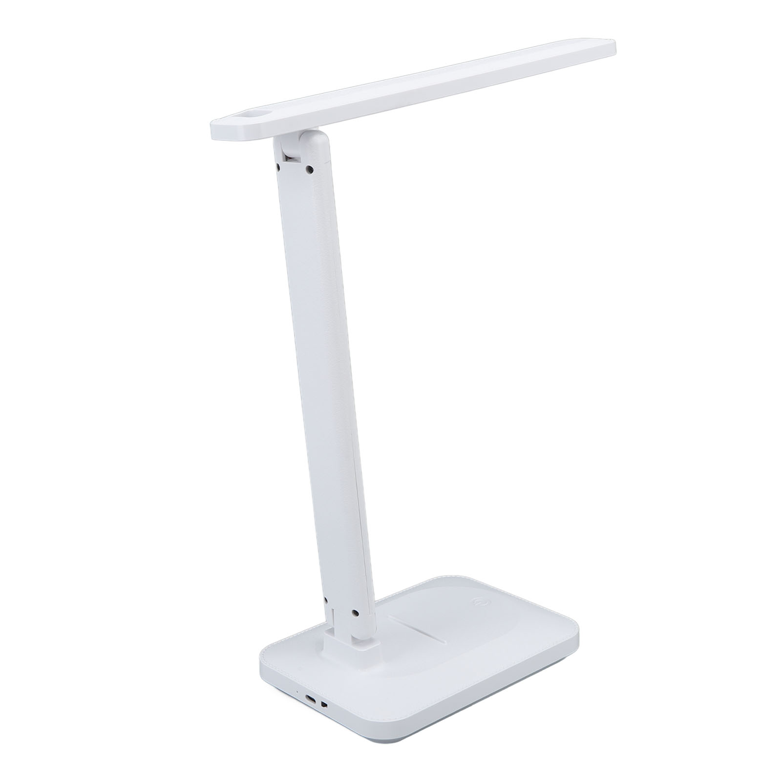 Eine weiße Schreibtischlampe. Rechteckiger Sockel trägt einen vertikalen Arm. Der Arm hält ein horizontales Licht.