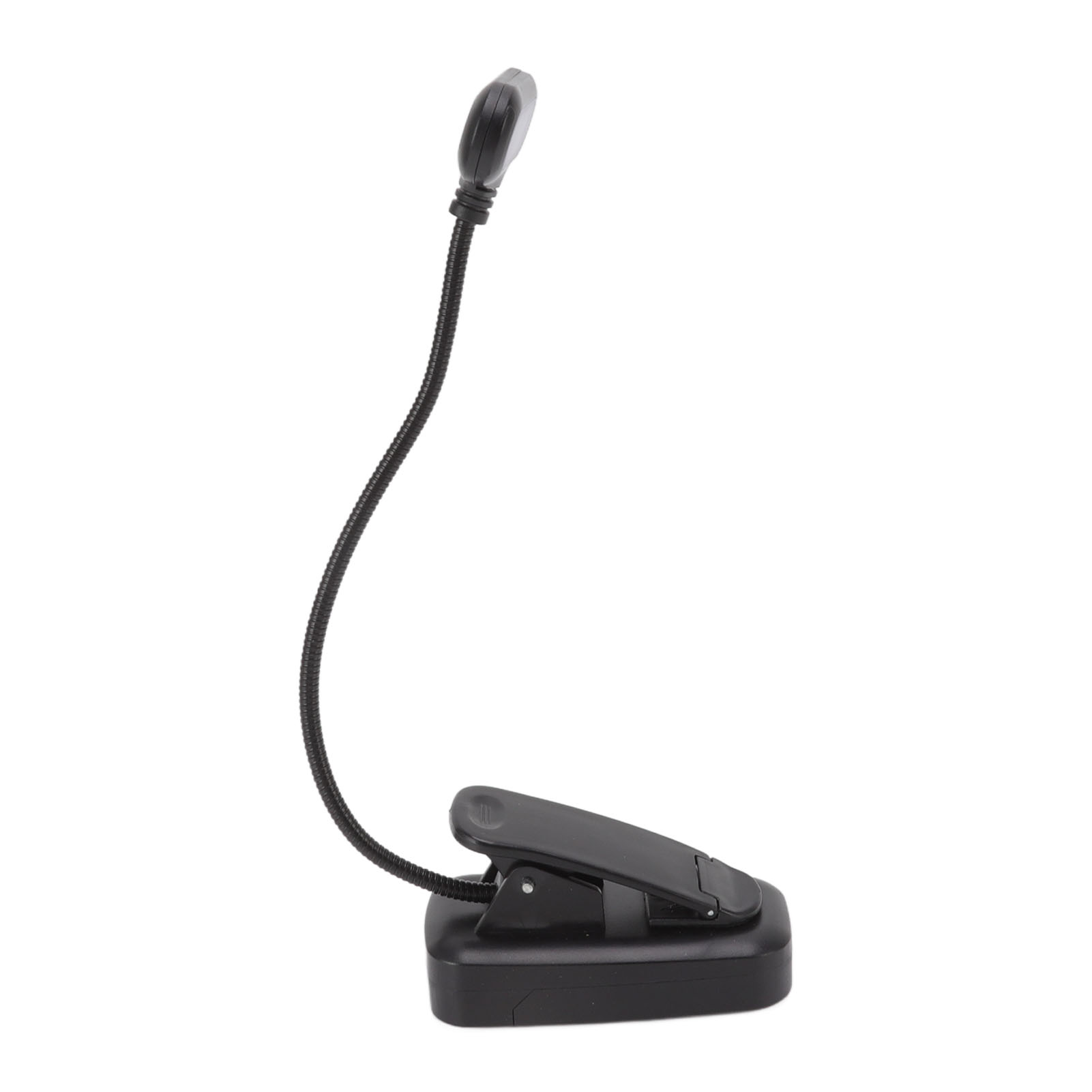 Eine schwarze LED-Leselampe zum Anklemmen. Sie hat einen flexiblen Hals und einen Lampenkopf. Der Hintergrund ist weiß.