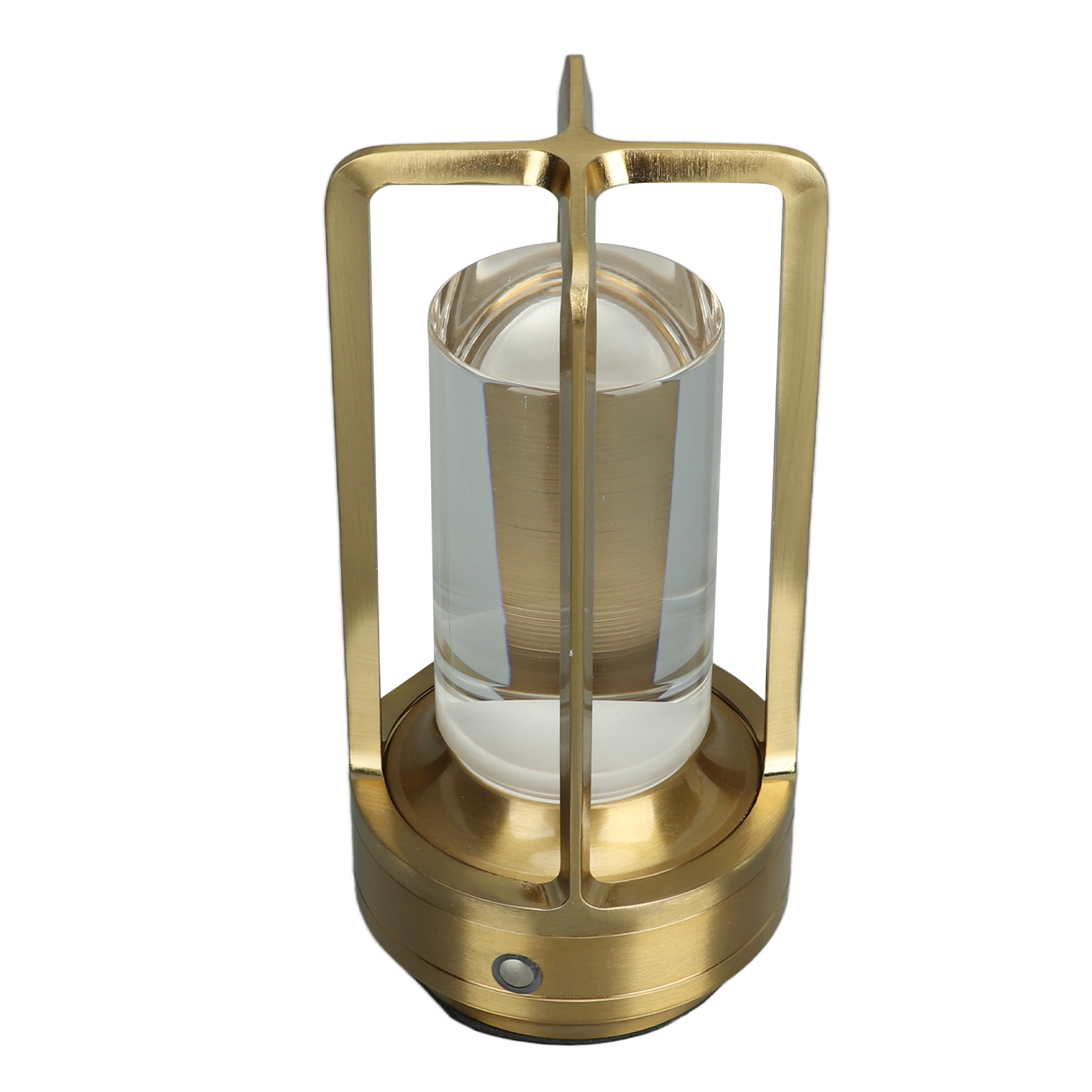 Eine goldfarbene Lampe mit einem durchsichtigen Glaszylinder in einem quadratischen Rahmen. Der Sockel hat einen Knopf.