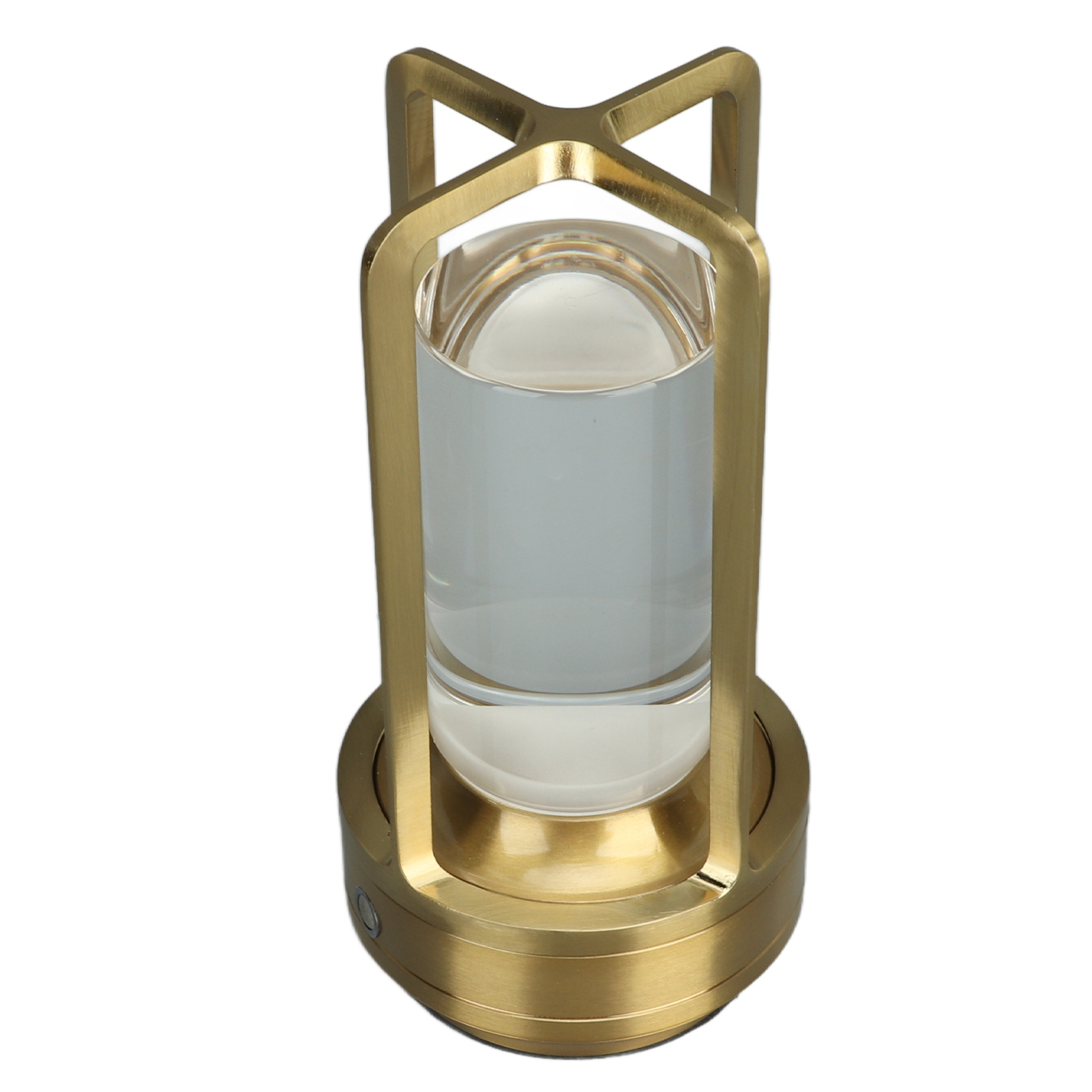 Eine goldene Laterne mit einem Glaszylinder. Der Zylinder ist mit Flüssigkeit gefüllt. Die Laterne hat eine kreuzförmige Spitze.