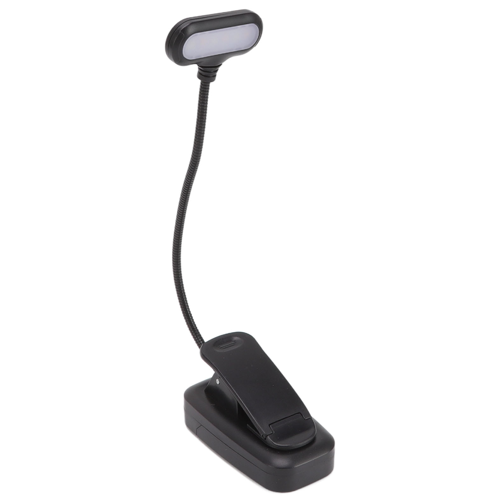 Eine schwarze LED-Buchleuchte zum Anklemmen. Sie hat einen flexiblen Hals, einen rechteckigen Lichtkopf und einen Clipfuß.