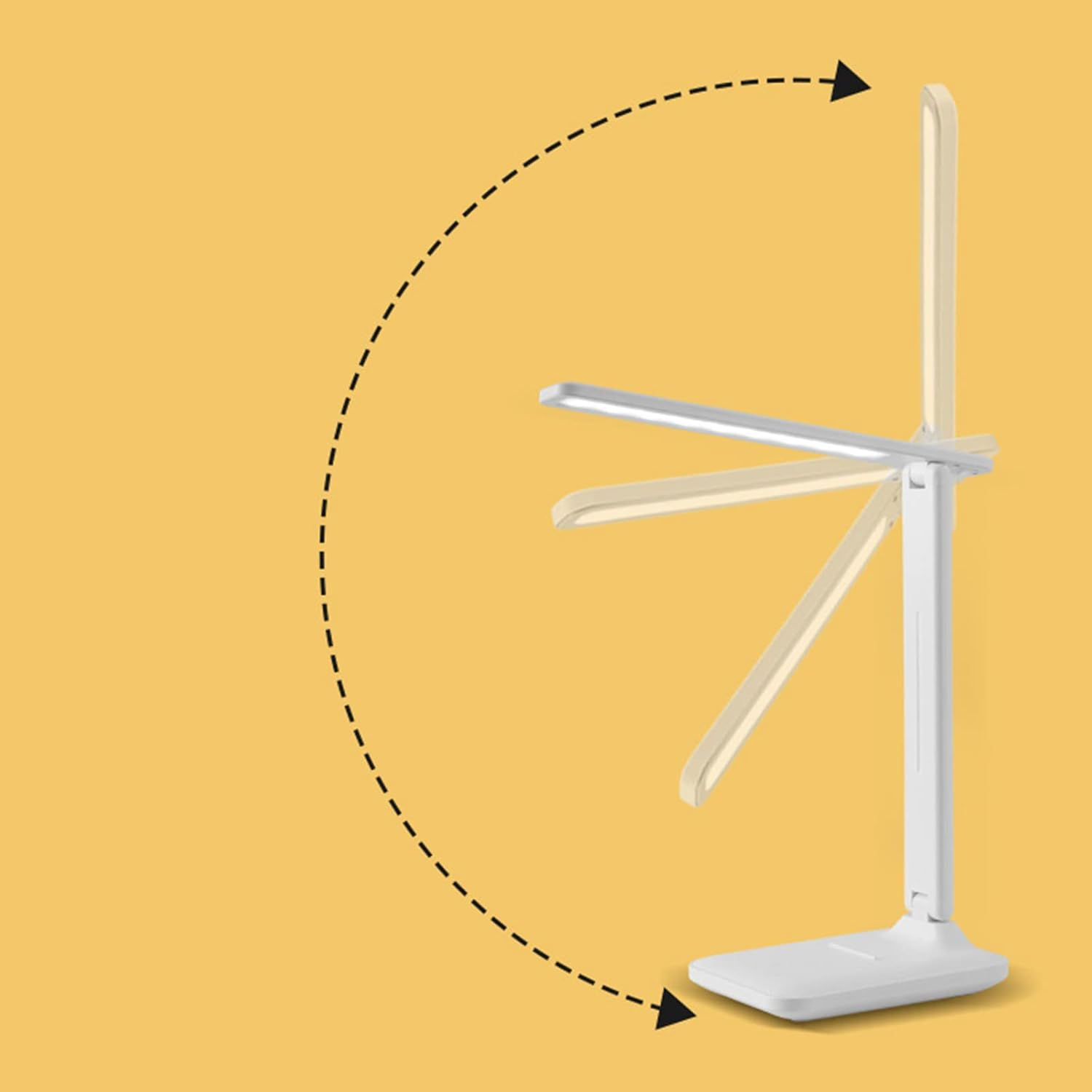Eine weiße Schreibtischlampe mit verstellbarem Arm und Kopf, in verschiedenen Positionen gezeigt. Gelber Hintergrund mit gestricheltem Bogen.