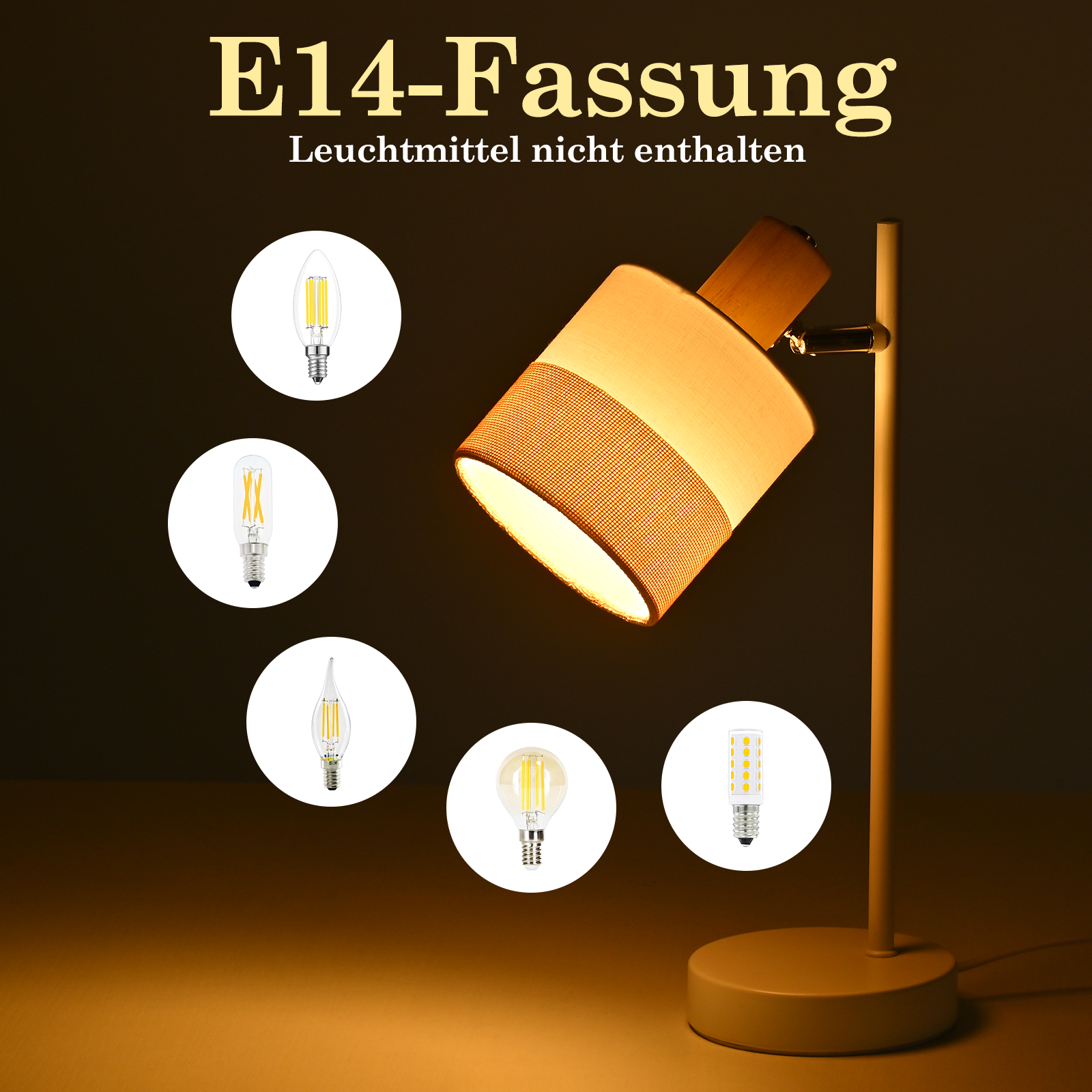 Una lampada gialla con paralume. Cinque tipi di lampadine sono visualizzati in cerchi bianchi. Il testo dice 'E14-Fassung'.