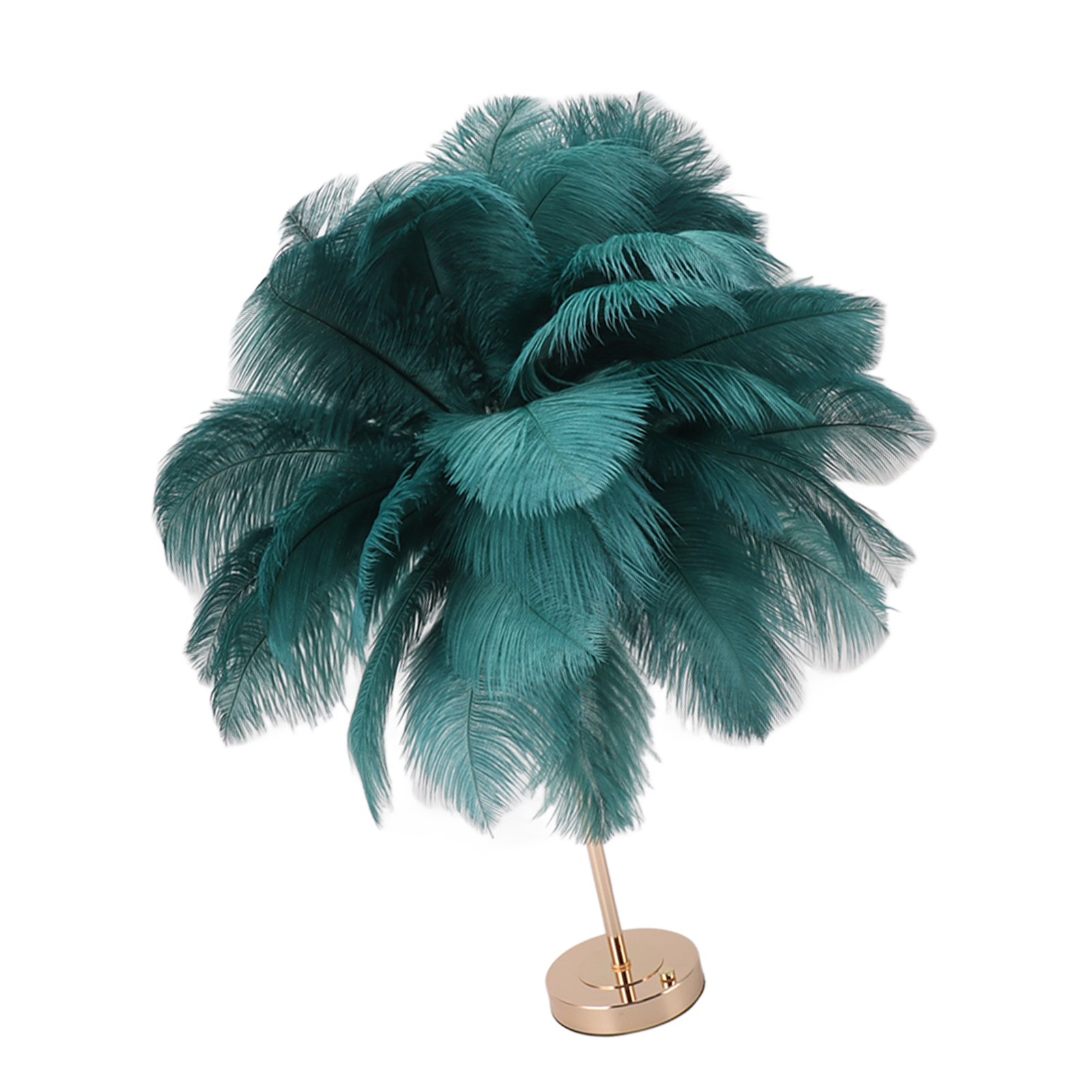 Eine dekorative Lampe mit teal Federn und einem goldenen Fuß auf weißem Hintergrund.