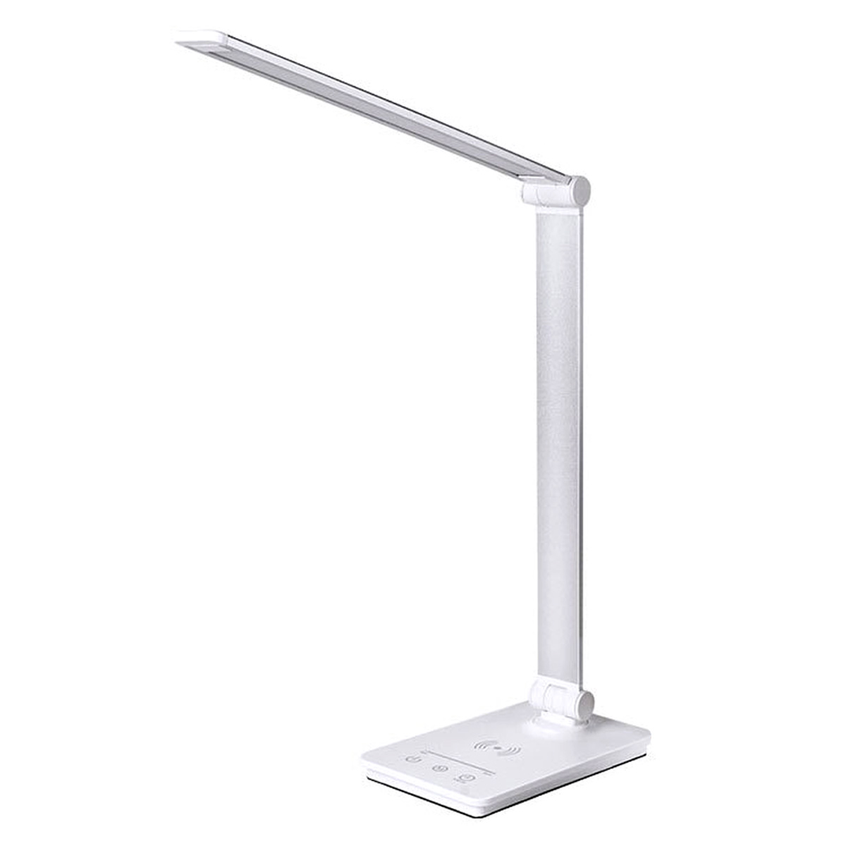 Eine weiße Schreibtischlampe mit rechteckigem Sockel, verstellbarem Arm und LED-Licht. Sie steht auf weißem Hintergrund.