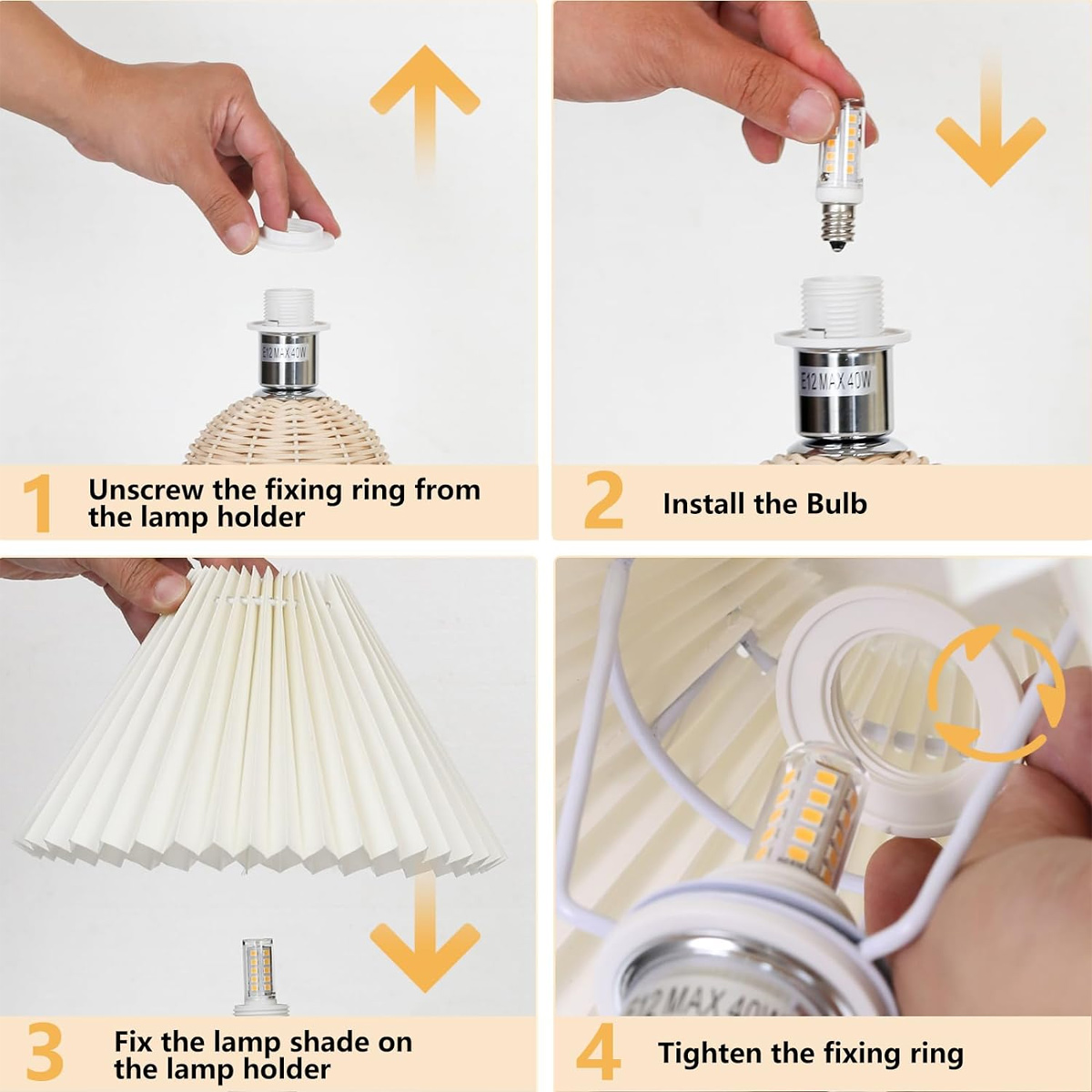 Anleitung zum Zusammenbau einer Lampe: Ring abschrauben, Glühbirne einsetzen, Schirm anbringen, Ring festziehen. Hände sind gezeigt.