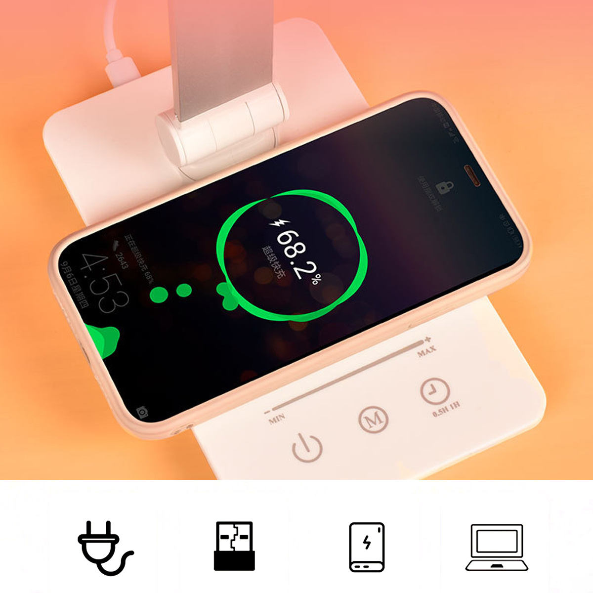 Ein Telefon wird drahtlos geladen und zeigt 68,2 % Ladung an. Das Telefon liegt auf einem weißen Ladepad mit Symbolen und einem Ständer.