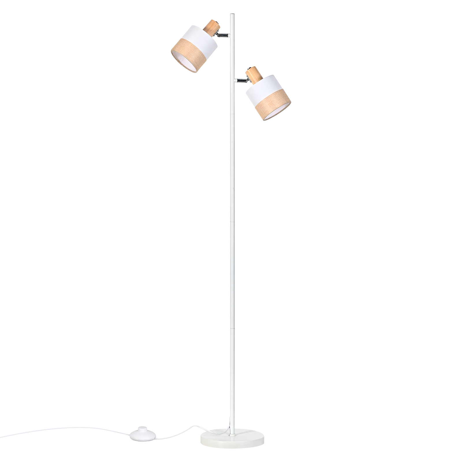 Una lampada da terra bianca con due teste regolabili. Ogni testa ha un paralume bianco e beige. La base è bianca.