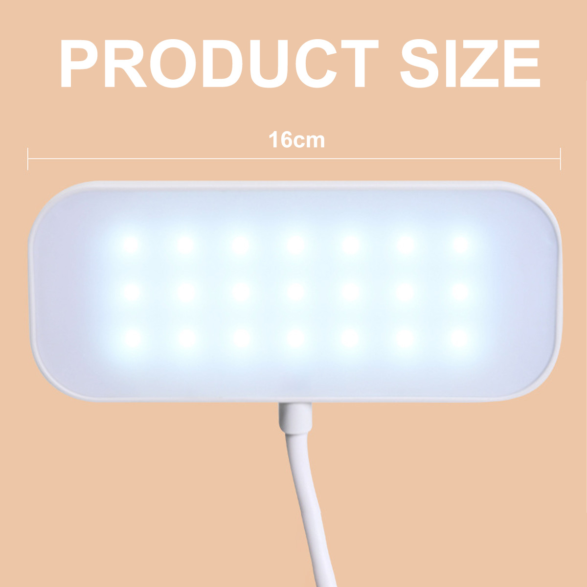 Eine weiße LED-Lampe mit 16 Lichtern, Produktgröße 16 cm. Der Hintergrund ist pfirsichfarben.