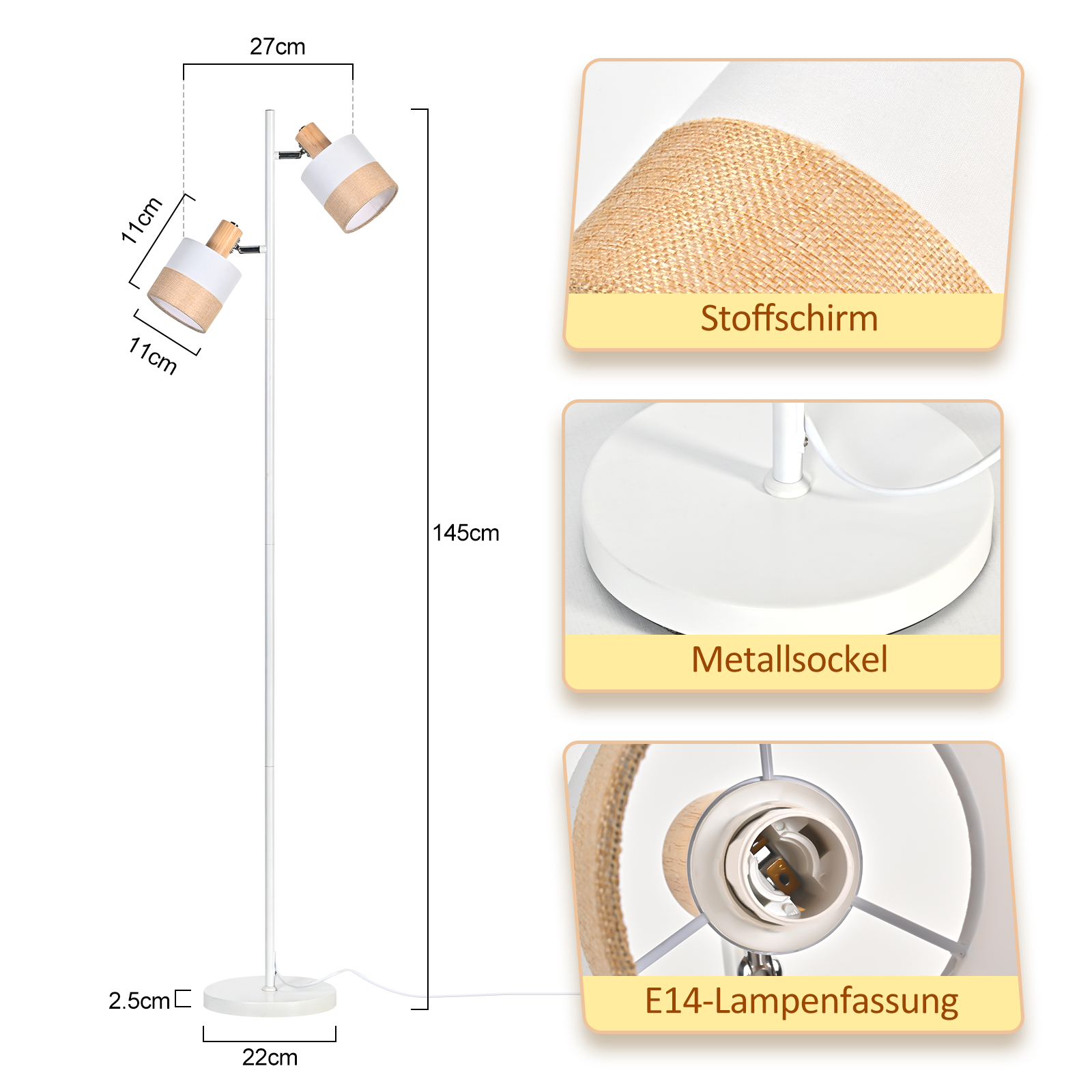 Una lampada da terra bianca con due teste regolabili. Ha base, stelo e paralumi bianchi con accenti in legno naturale e lino.