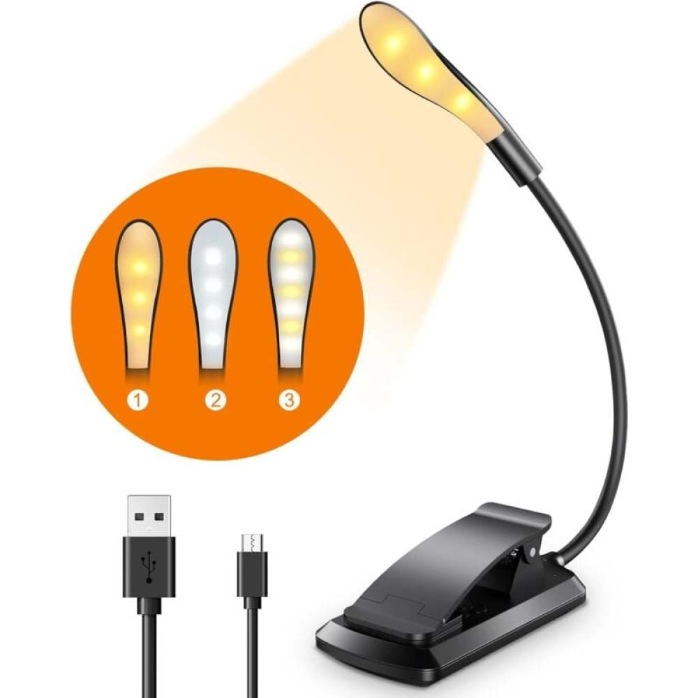 Eine flexible schwarze LED-Leselampe mit Clip. Es zeigt verschiedene Lichtmodi auf orangefarbenem Hintergrund und USB-Kabel.